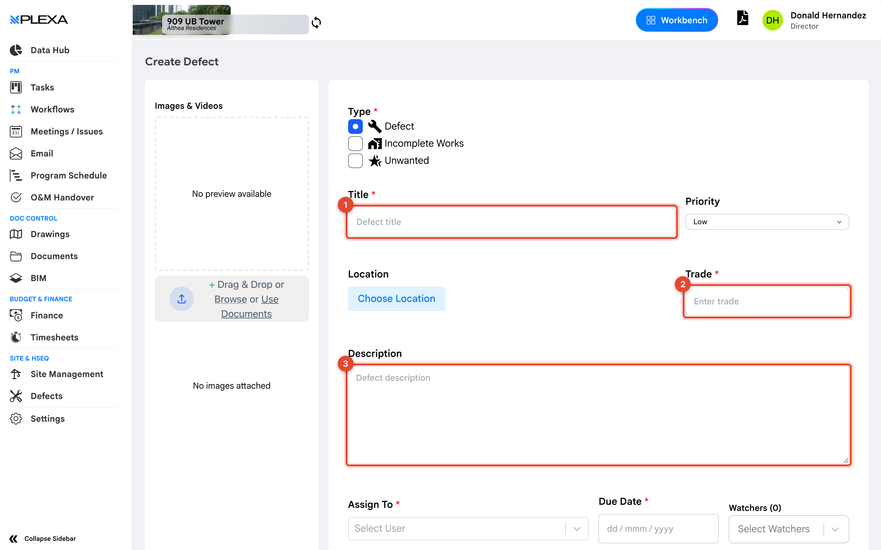 The Create Defect form with the Title field marked 1, Trade marked 2 and Description marked 3