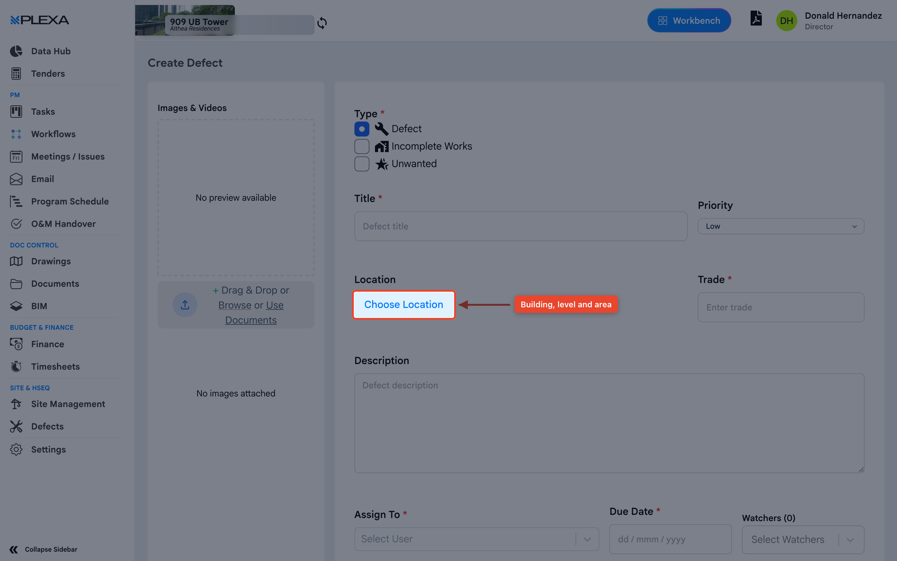The Choose Location button highlighted on the Create Defect form with an arrow pointing to it
