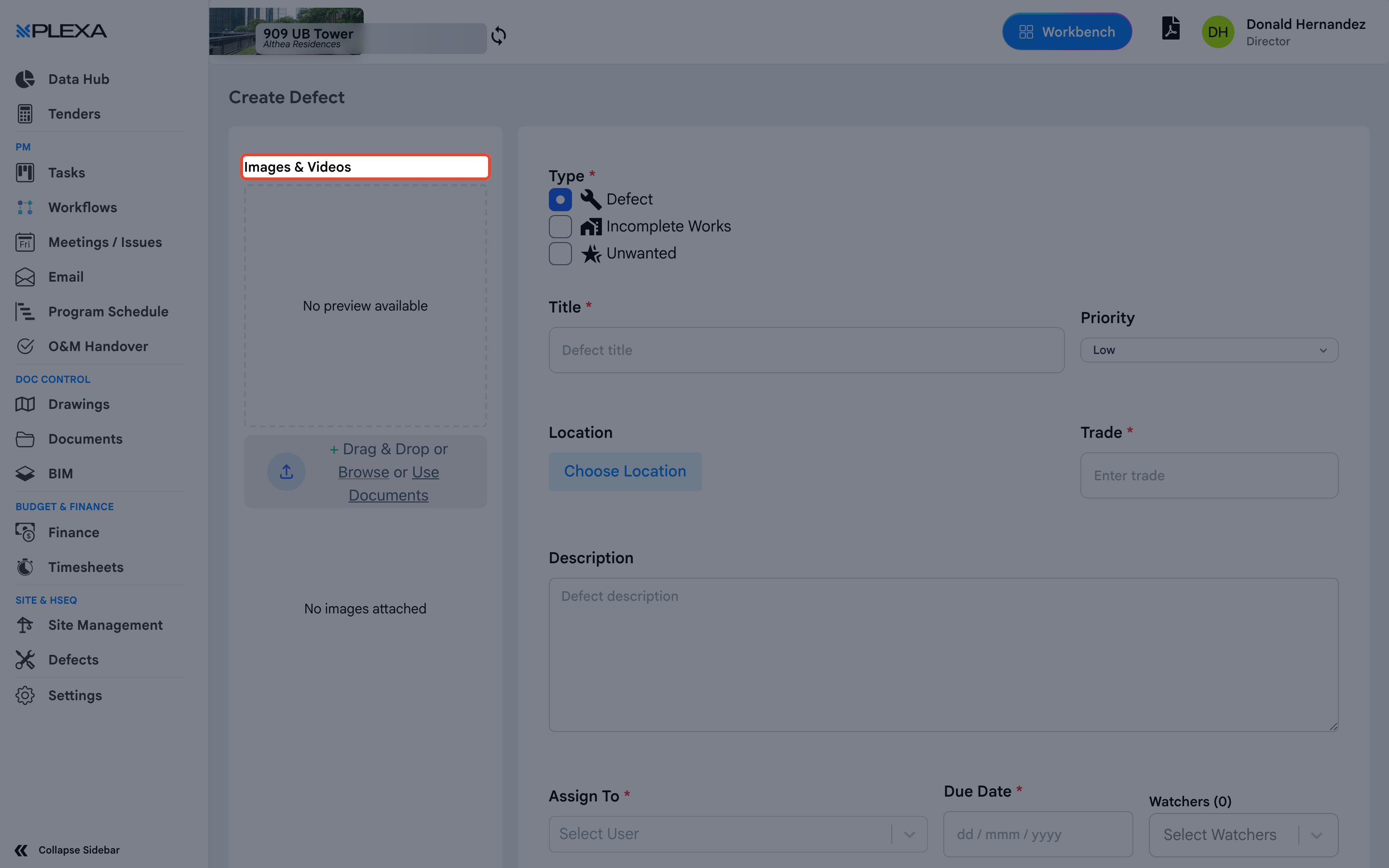 The Images and Videos upload panel highlighted on the Create Defect form