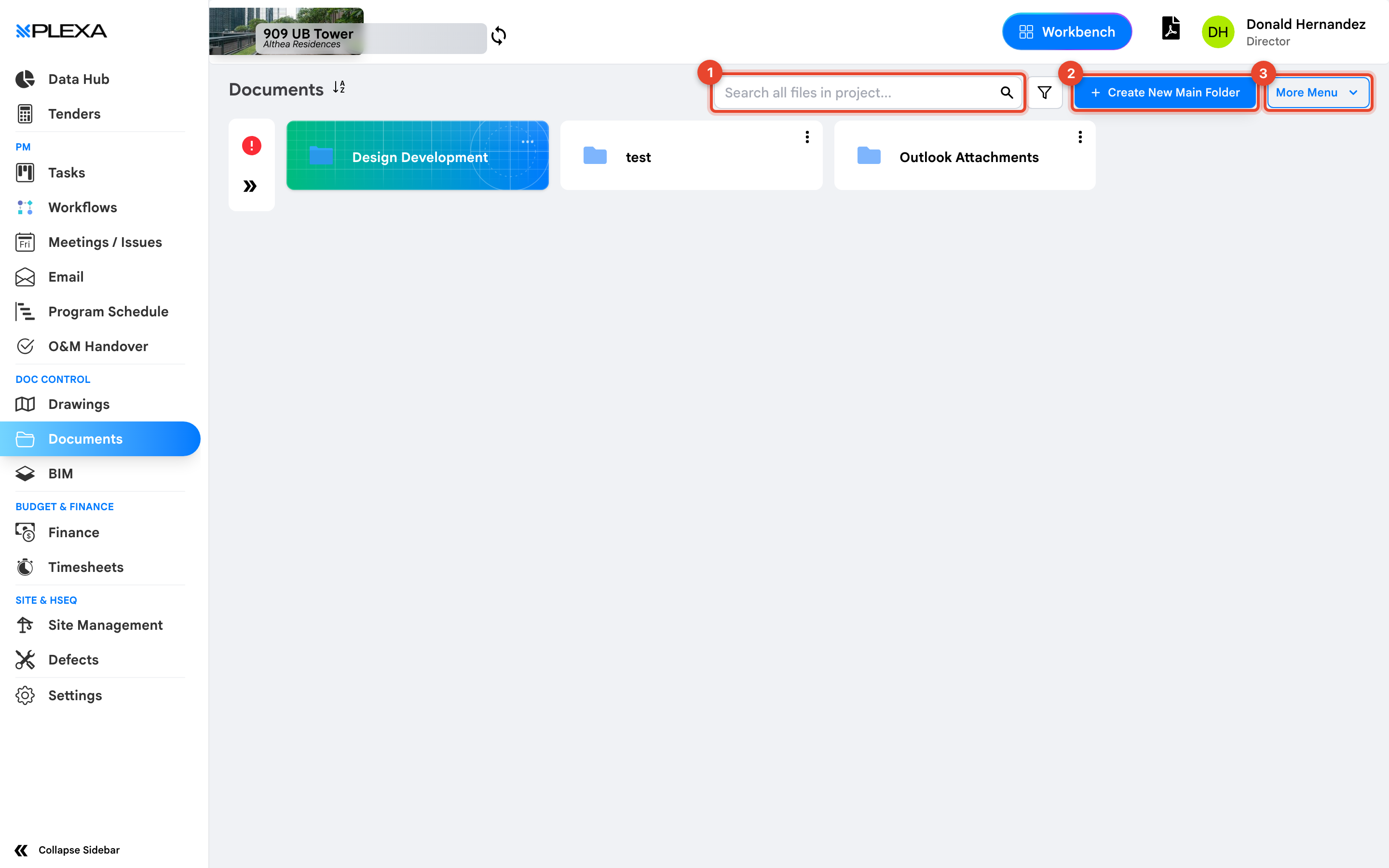 The Documents module with the project-wide search field marked 1, Create New Main Folder marked 2 and More Menu marked 3