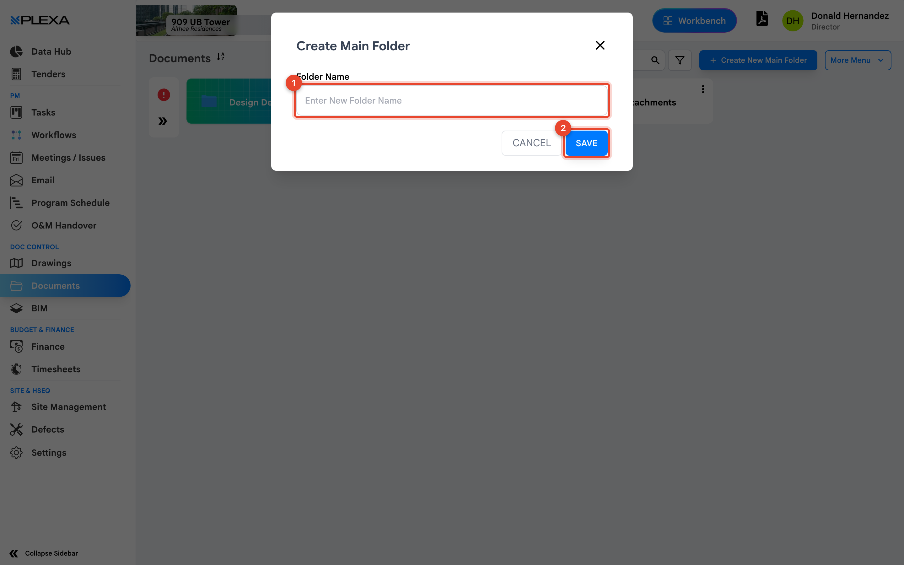 The Create Main Folder window with the Folder Name field marked 1 and the Save button marked 2