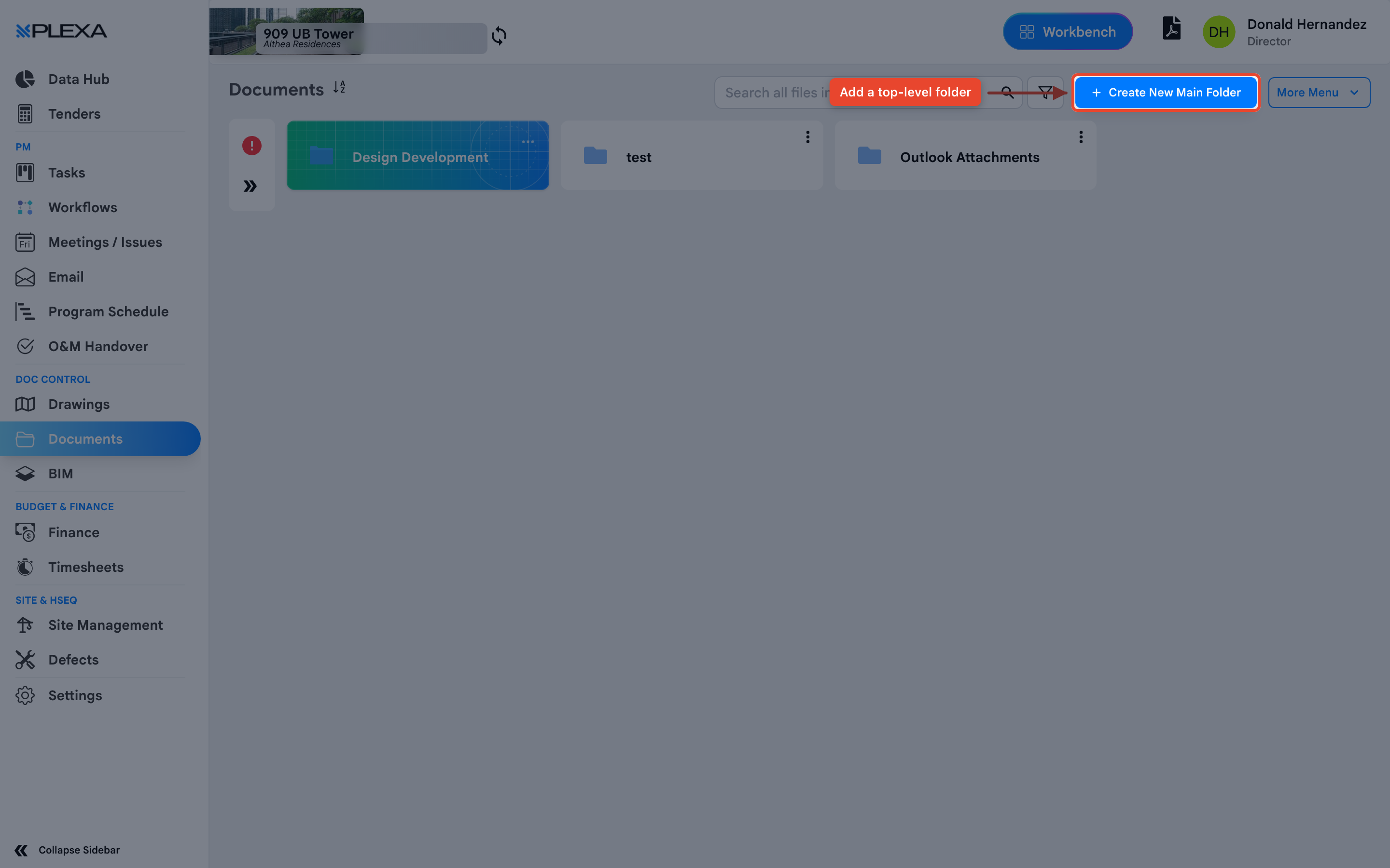 The Create New Main Folder button highlighted in the Documents module with an arrow pointing to it