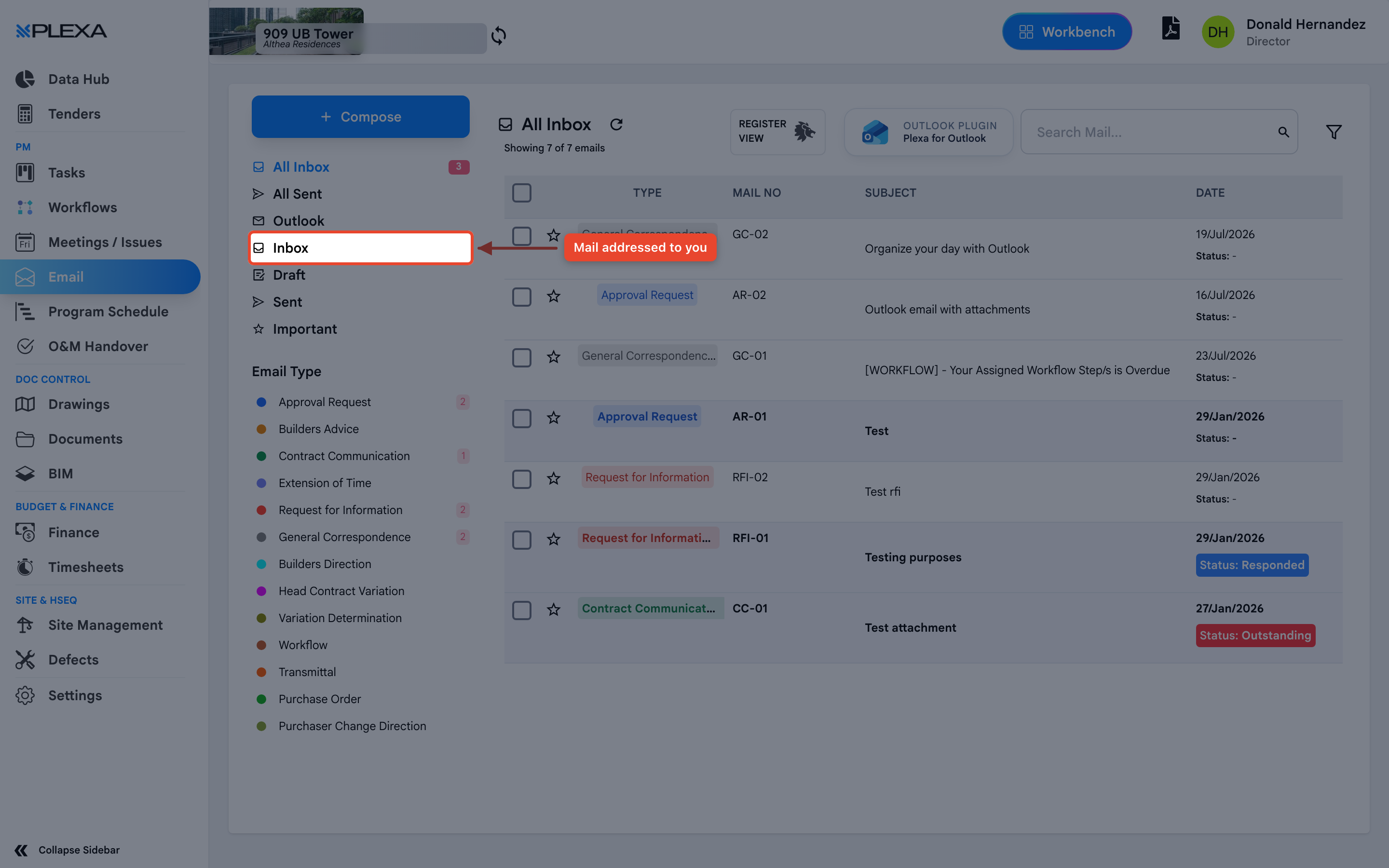 The Inbox folder tab highlighted in the Correspondence module with an arrow pointing to it