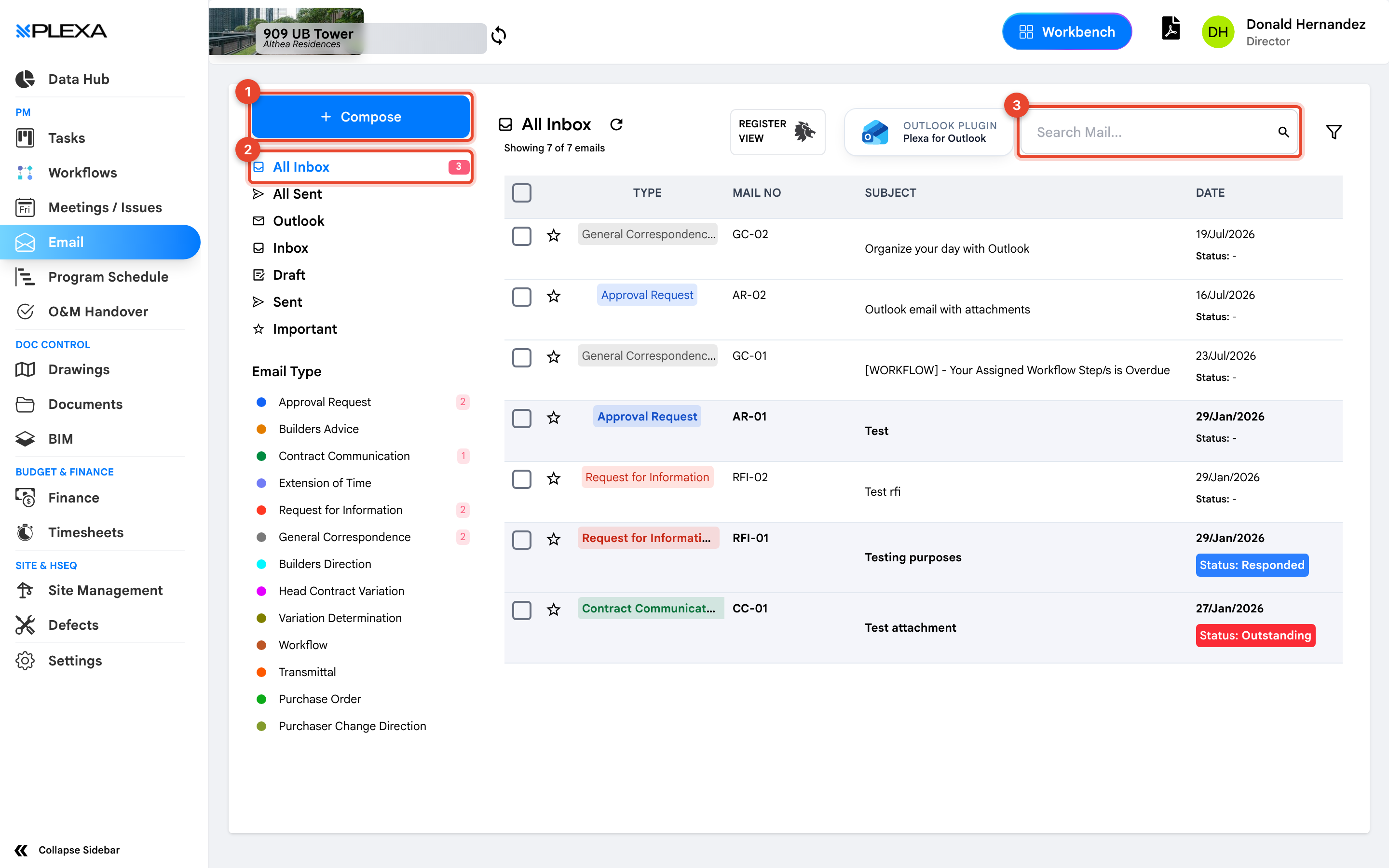 The Correspondence module with the Compose button marked 1, the folder tabs marked 2 and the mail search field marked 3