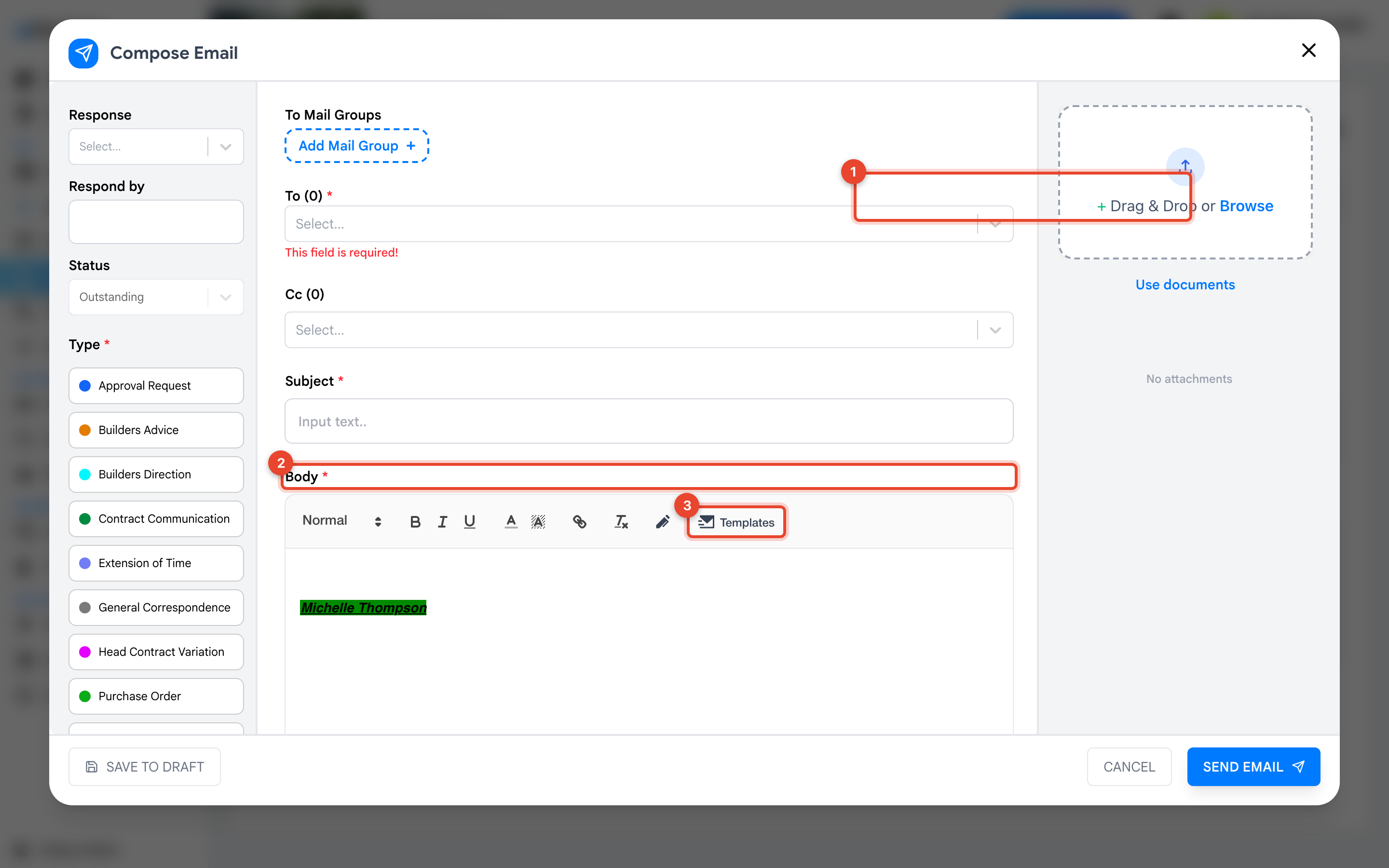 The compose form with the Subject field marked 1, Body marked 2 and the Templates button marked 3
