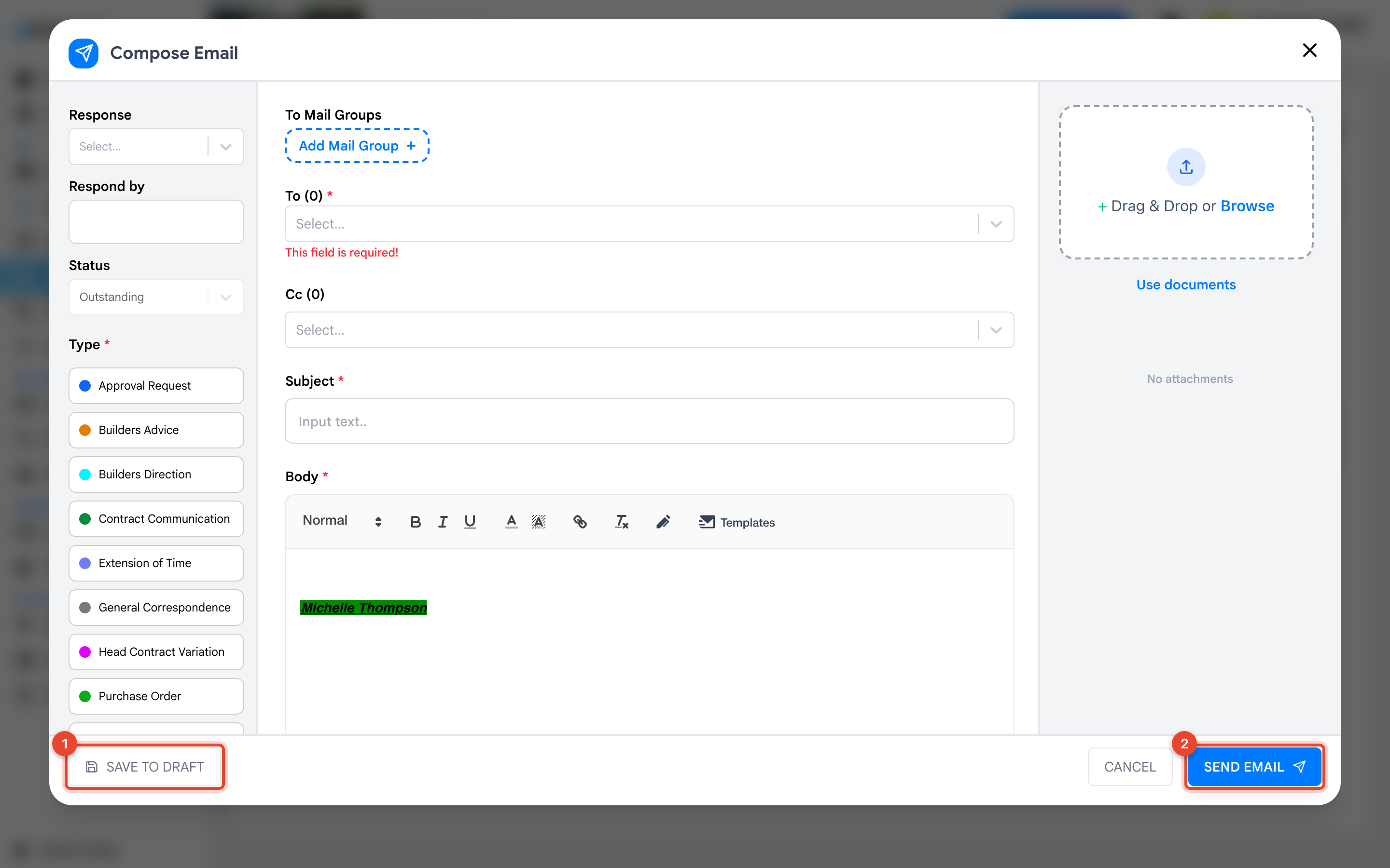 Save to Draft marked 1 and Send Email marked 2 at the foot of the compose form
