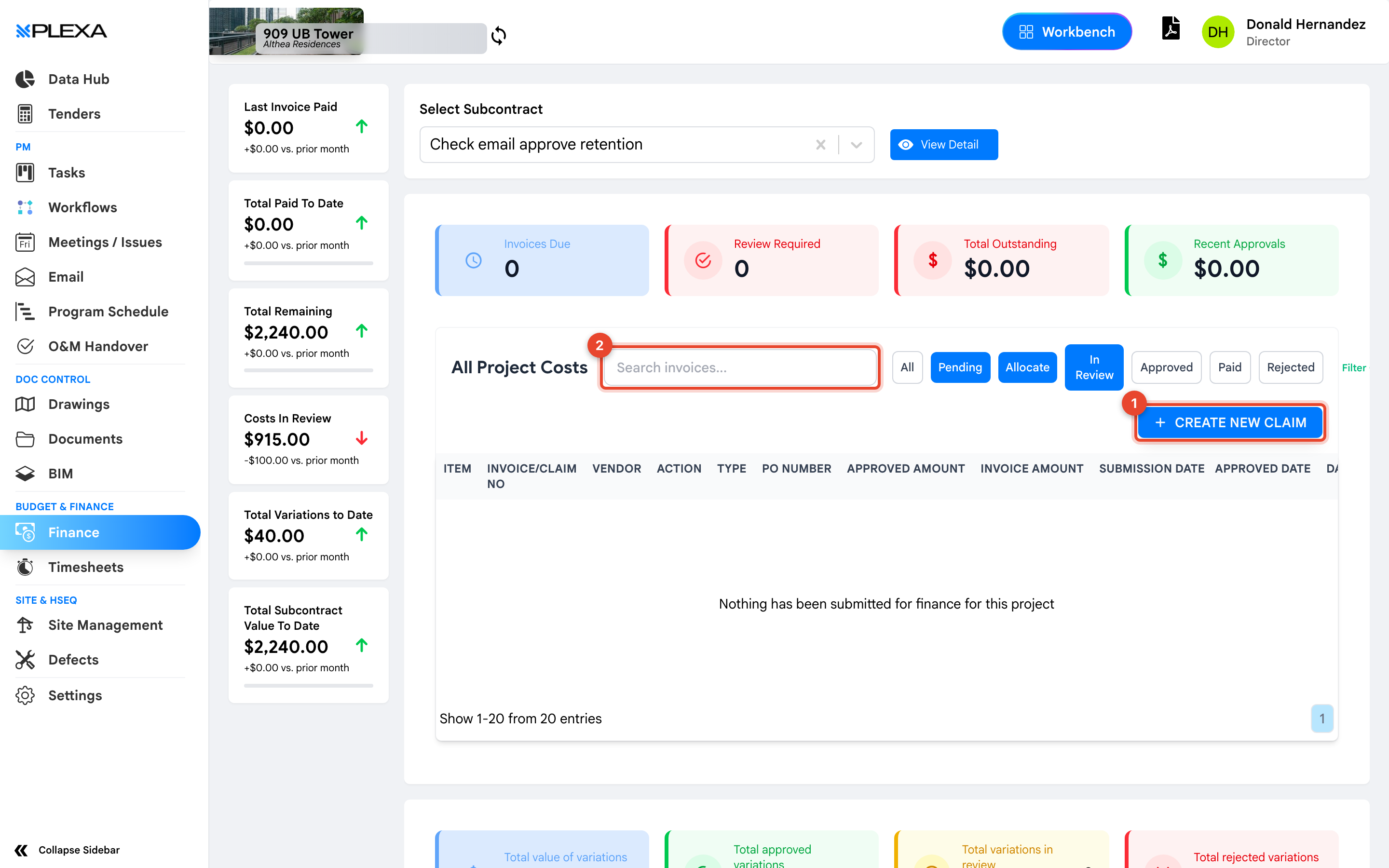 The Finance module showing summary totals, with the Create New Claim button marked 1 and the invoice search field marked 2