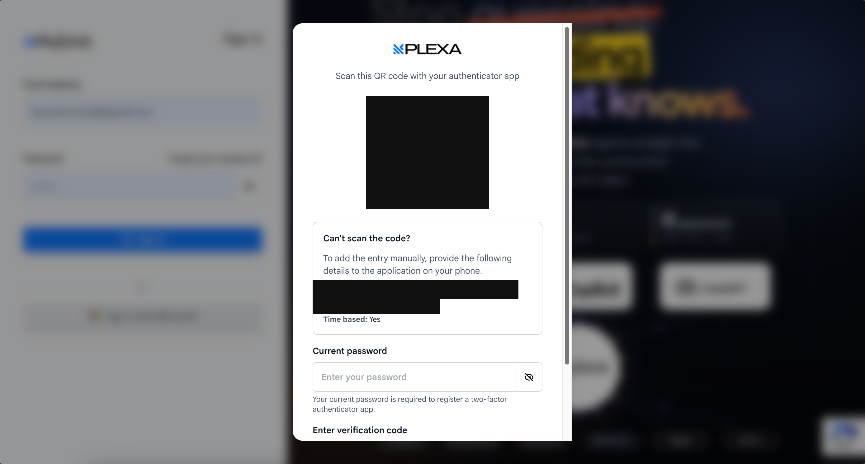 The Plexa enrolment screen showing the QR code to scan, the manual entry details, and fields for your current password and a verification code