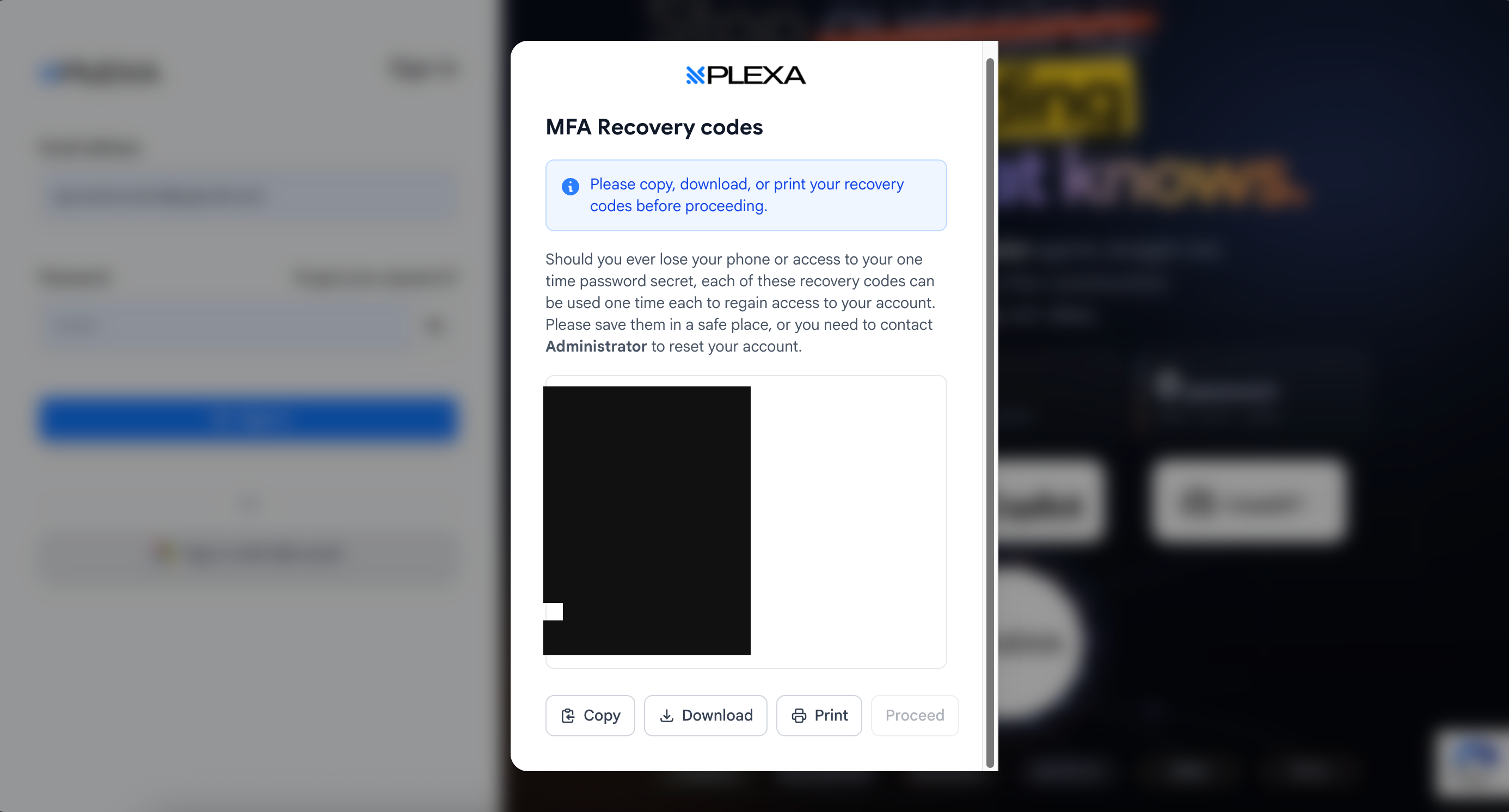 The MFA Recovery codes screen listing ten one-time codes with options to copy, download or print them