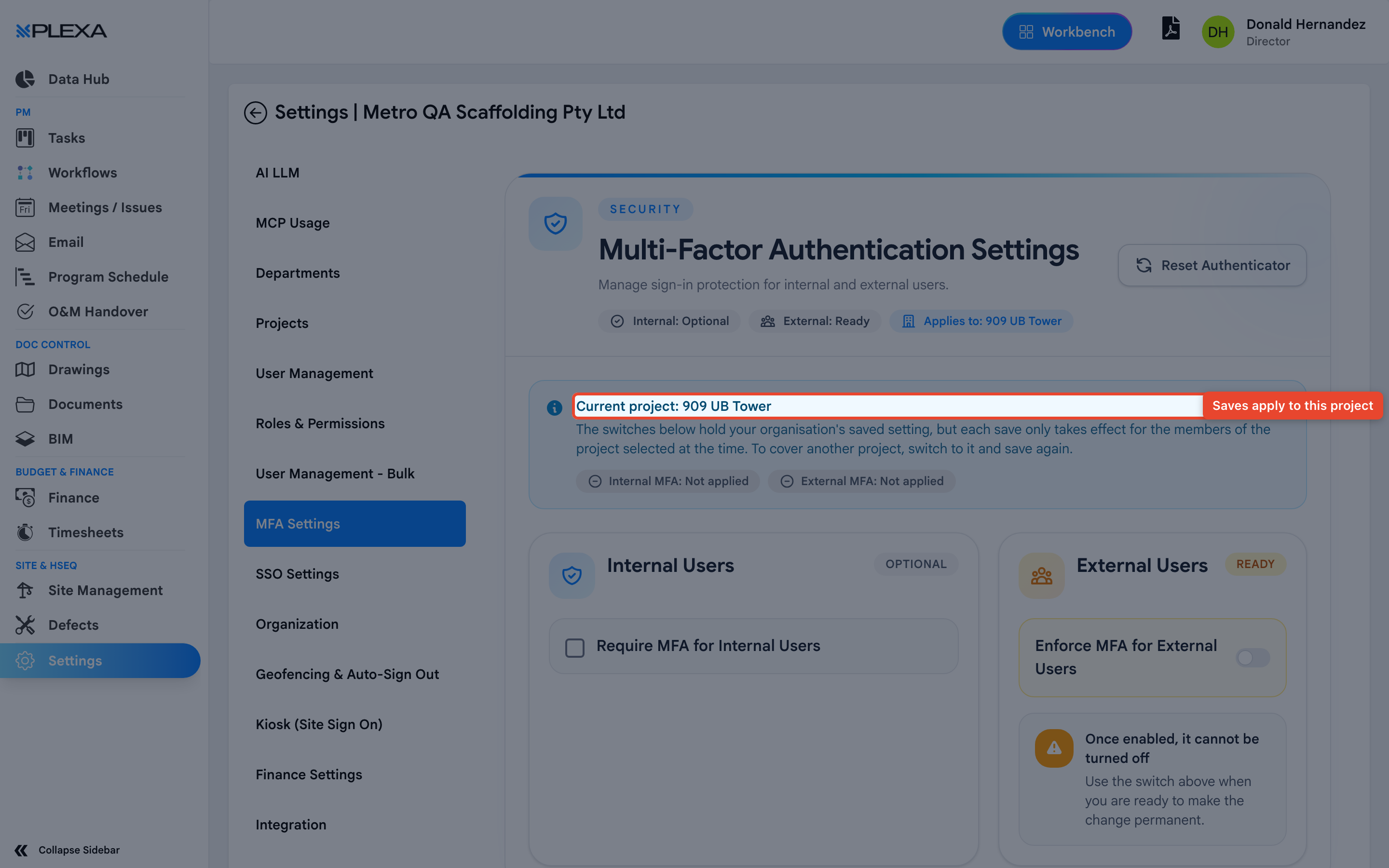 The MFA Settings page with the current project indicator highlighted and an arrow pointing to it
