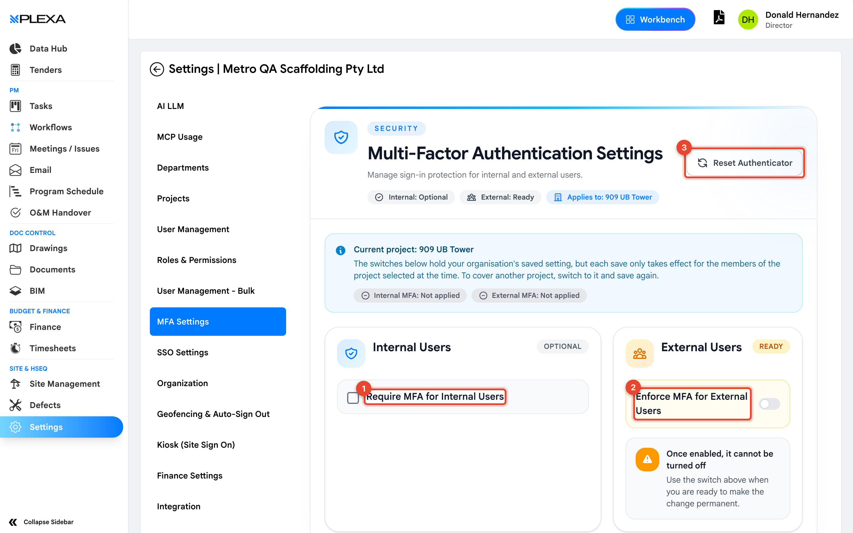 The MFA Settings page with the internal users toggle marked 1, the external users toggle marked 2 and the Reset Authenticator button marked 3