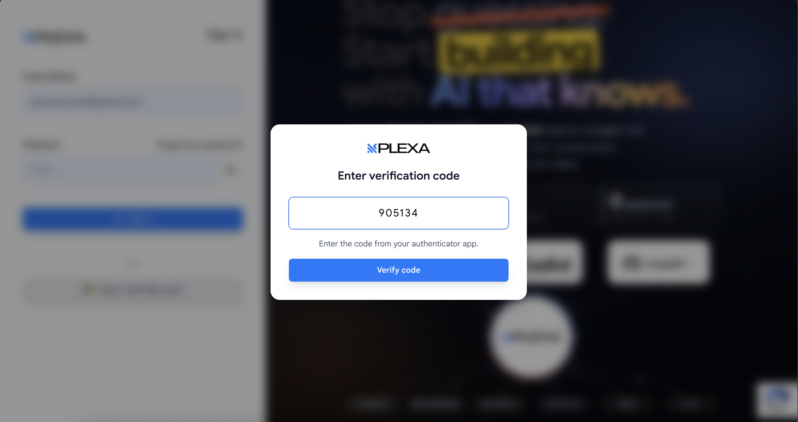 The Plexa verification screen asking for the code from your authenticator app, with a Verify code button