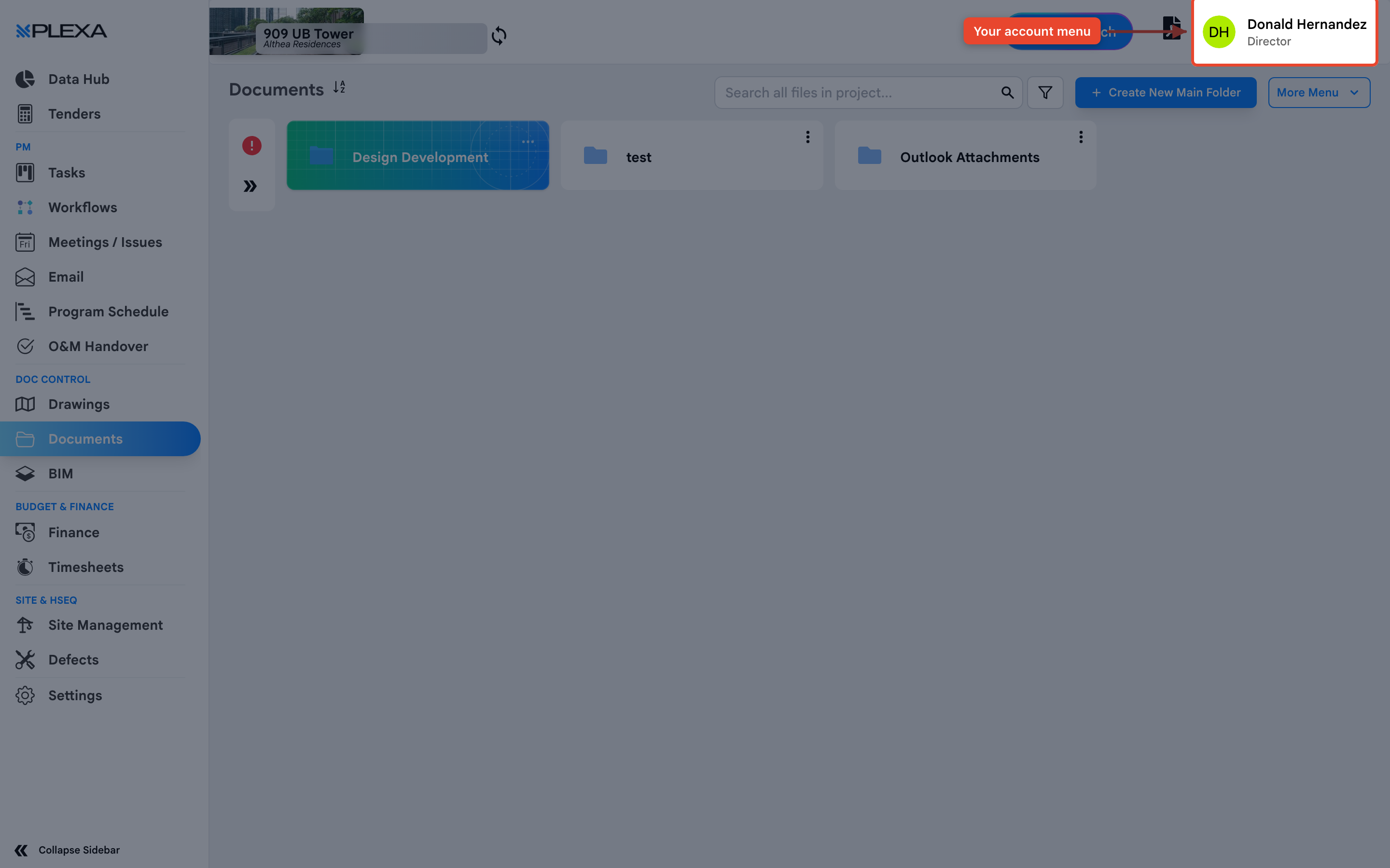 The account menu in the top right of Plexa highlighted, with an arrow pointing to it