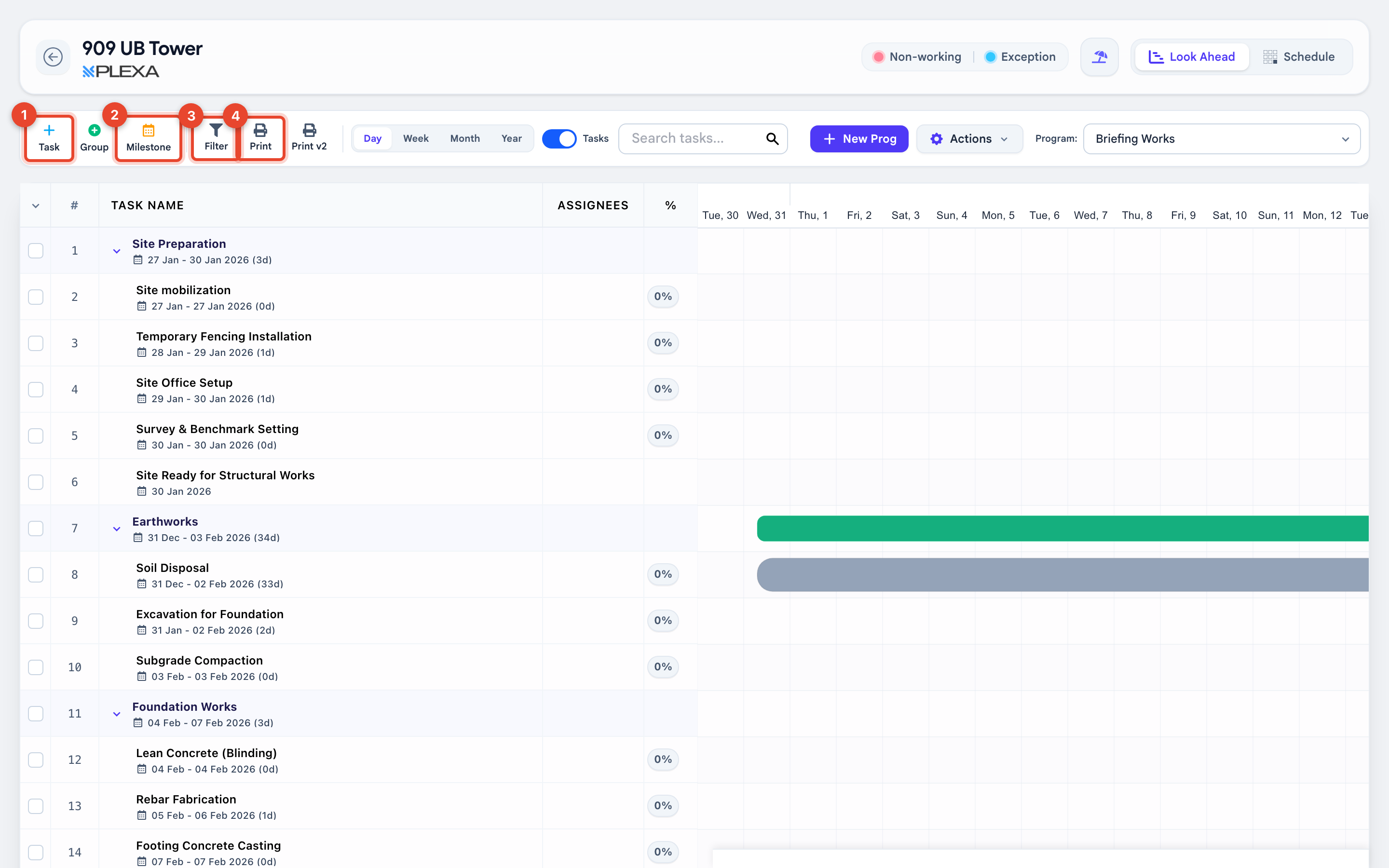 The Program Schedule Gantt view with the Task button marked 1, Milestone marked 2, Filter marked 3 and Print marked 4