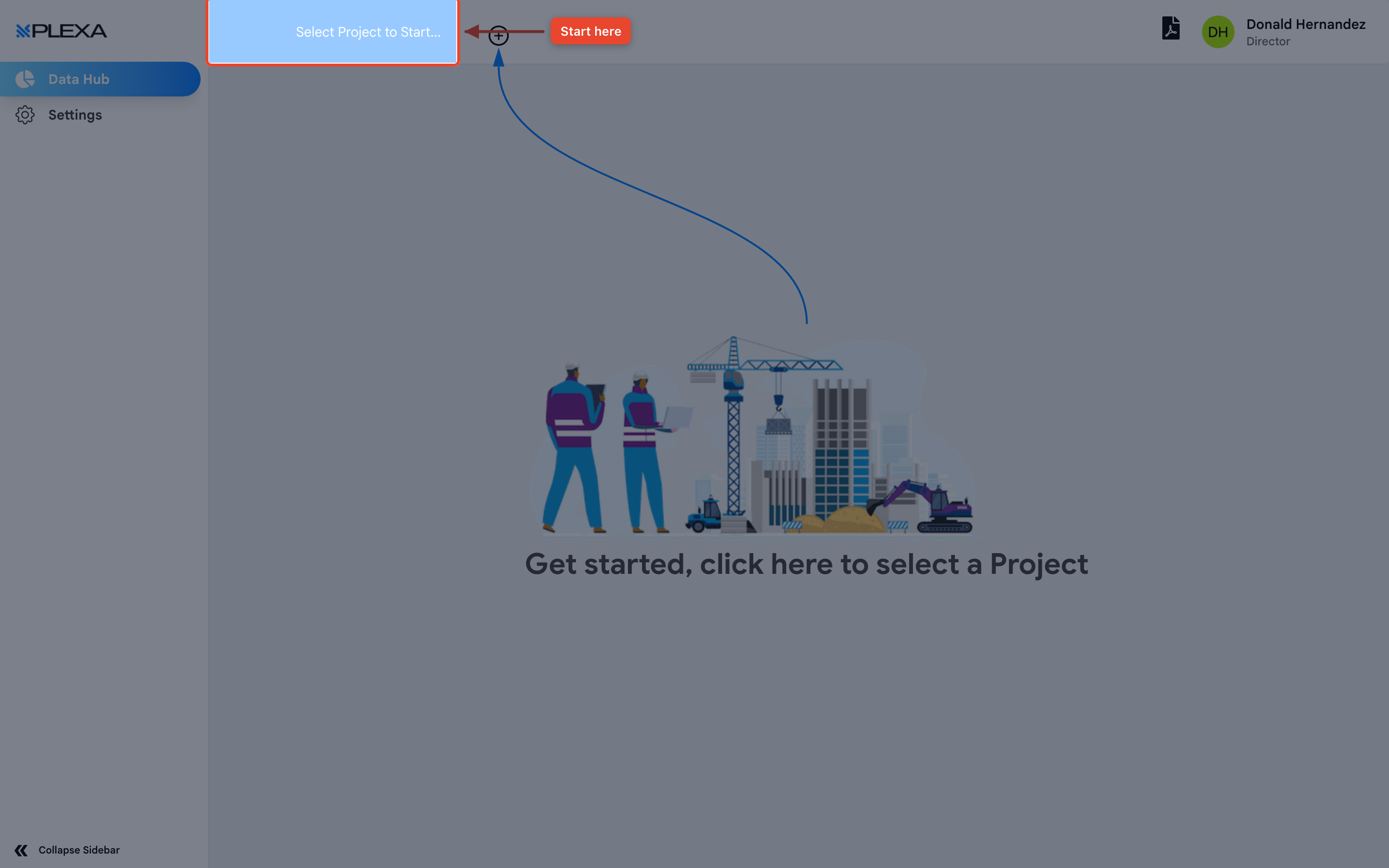 The Plexa Dashboard before a project is chosen, with the Select Project to Start control highlighted