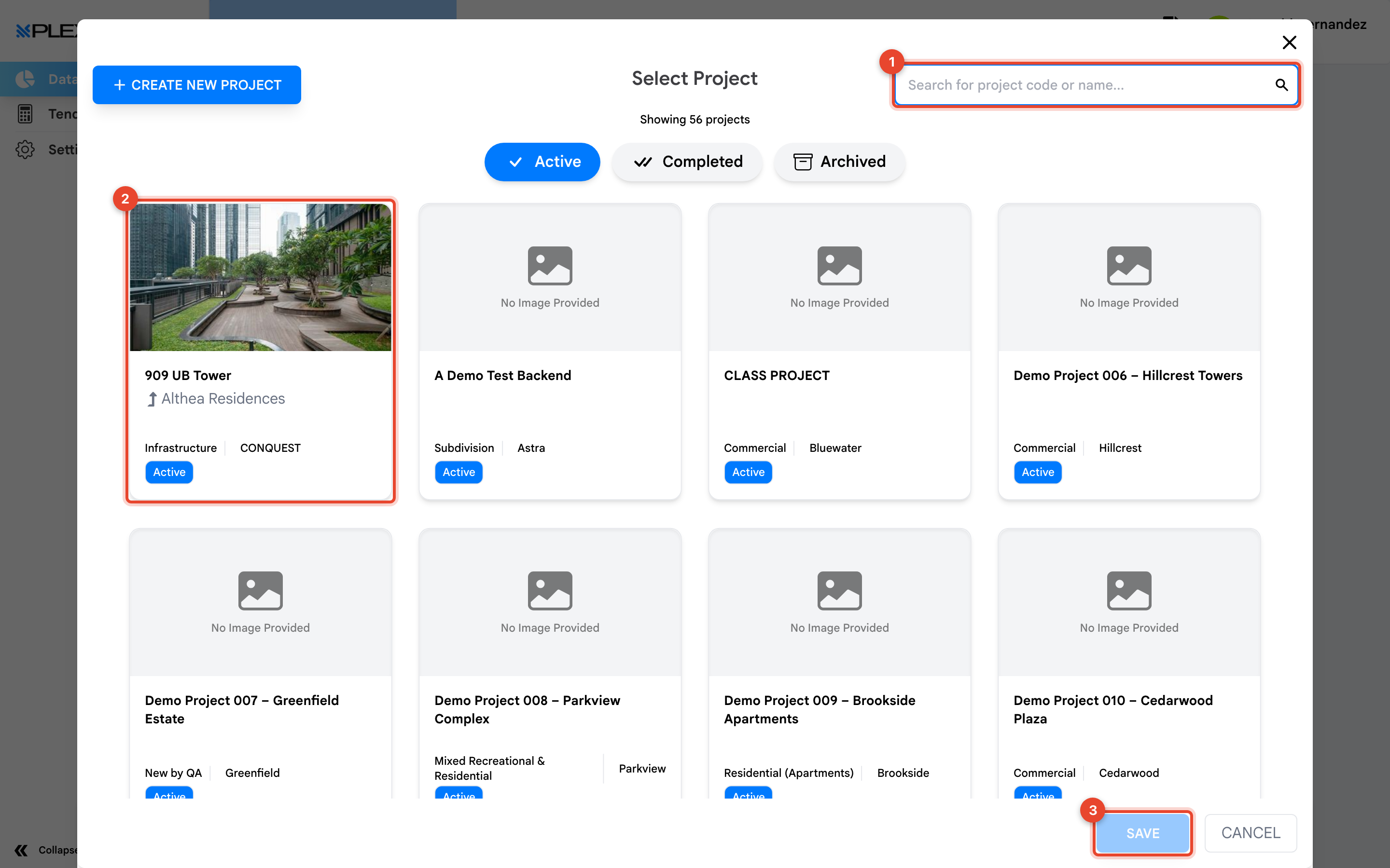 The Select Project window with the search field marked 1, a project card marked 2 and the Save button marked 3
