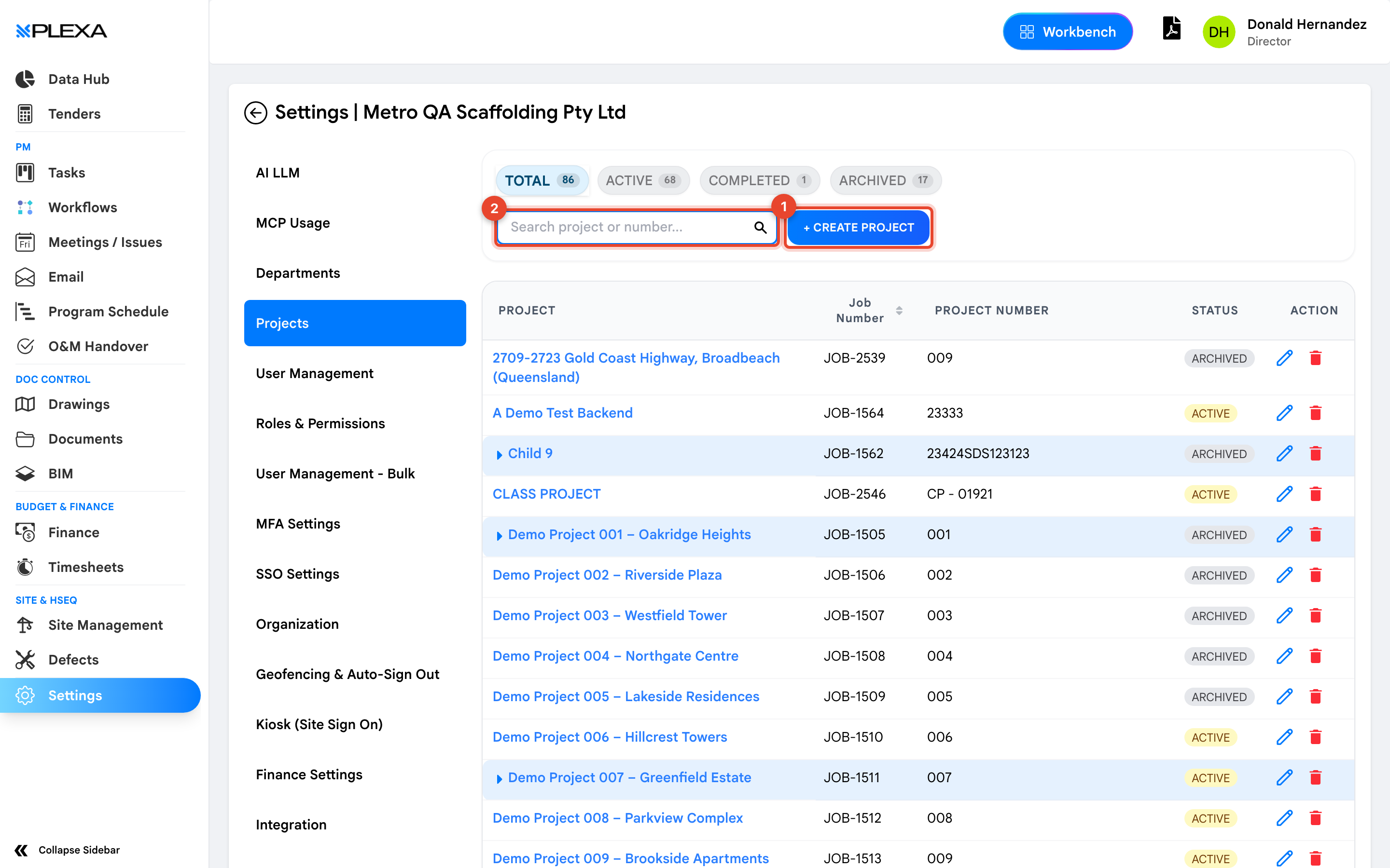 The Projects tab in Settings with the Create Project button marked 1 and the project search field marked 2