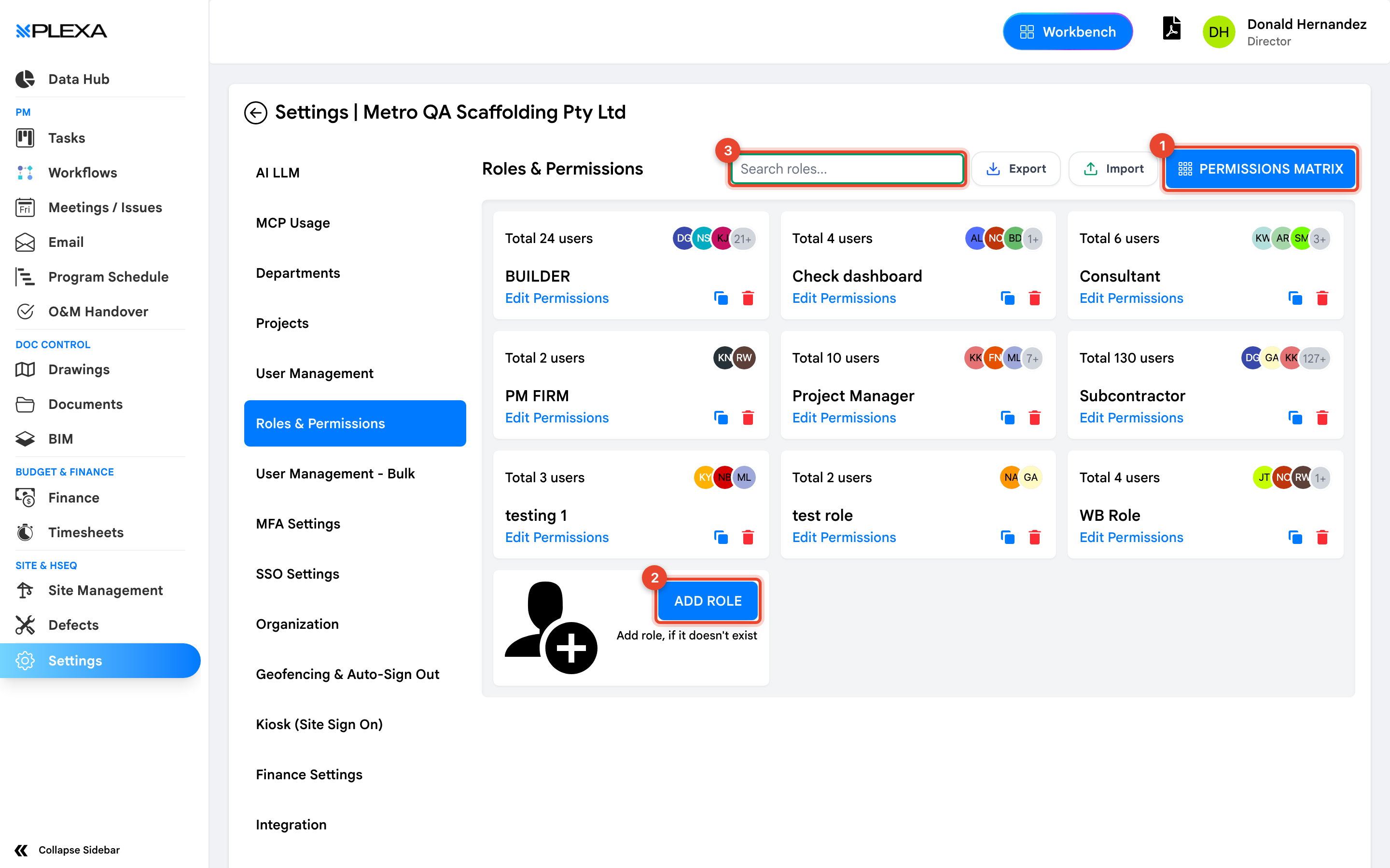 The Roles and Permissions tab with Permissions Matrix marked 1, Add Role marked 2 and the role search field marked 3