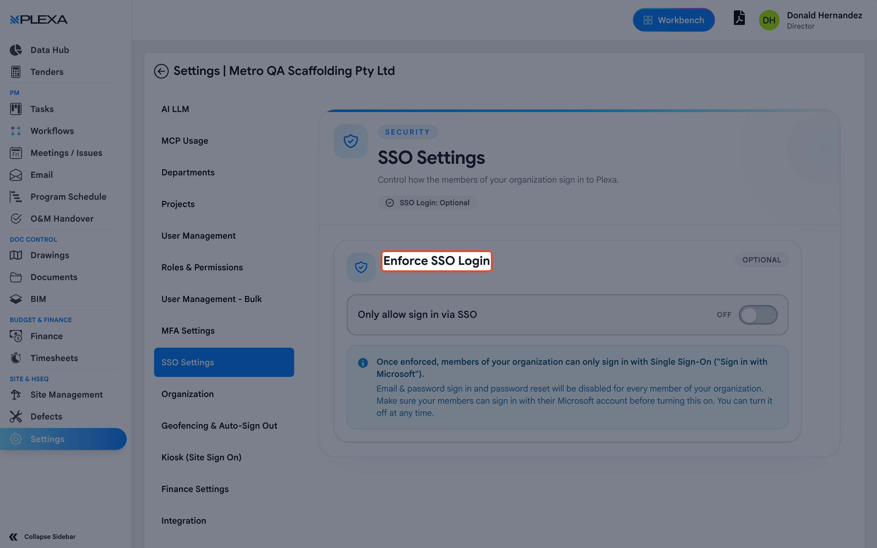 The SSO Settings tab with the Enforce SSO Login control highlighted