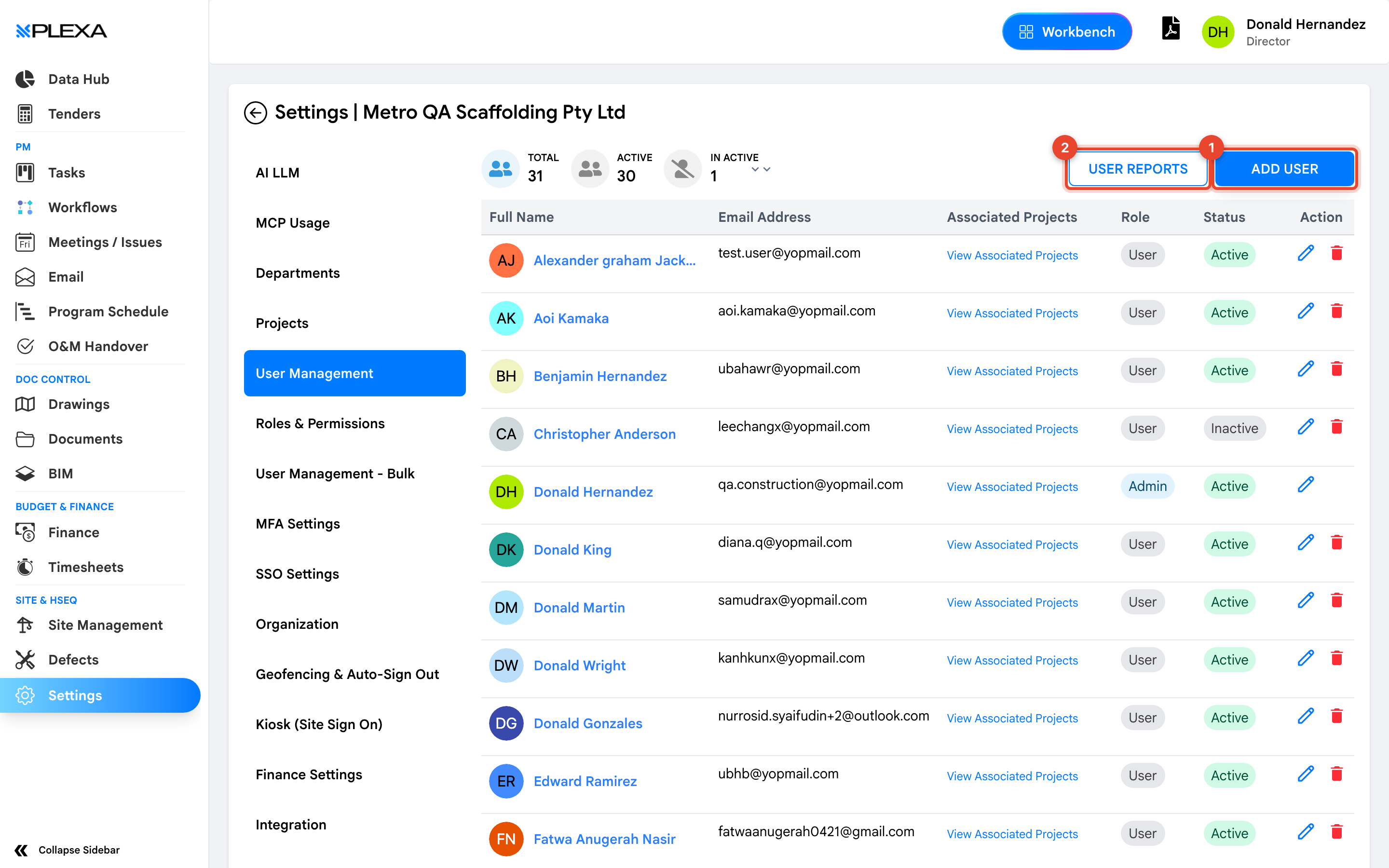The User Management tab with the Add User button marked 1 and User Reports marked 2