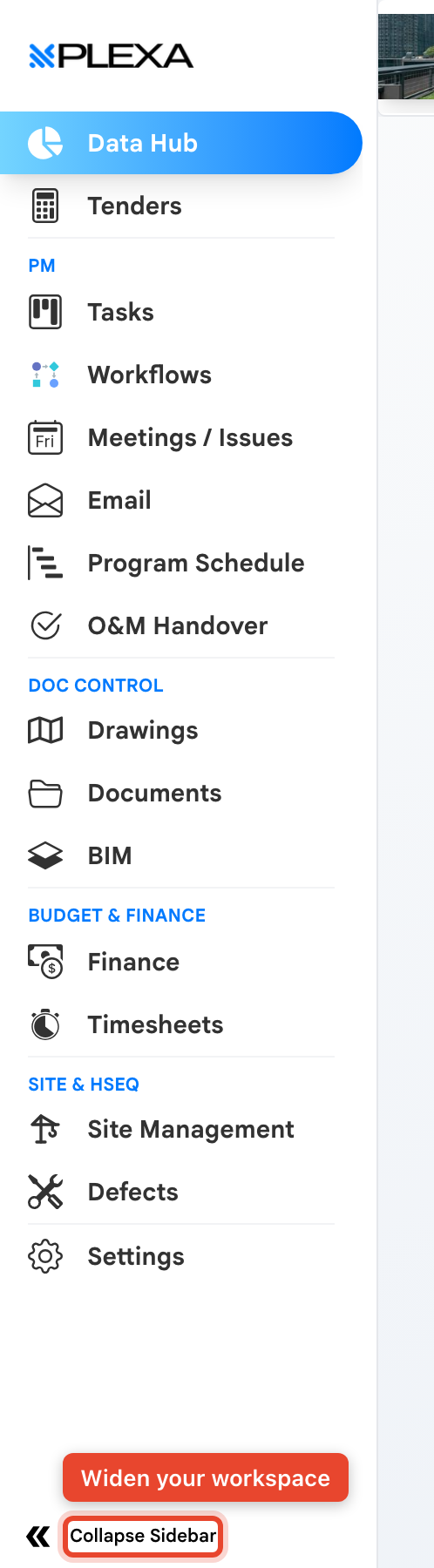 The Collapse Sidebar control highlighted at the bottom of the Plexa sidebar