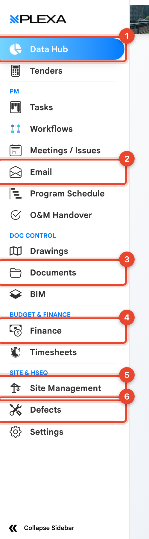 The Plexa sidebar with six numbered highlights marking Data Hub, Correspondence, Documents, Finance, Site Management and Defects