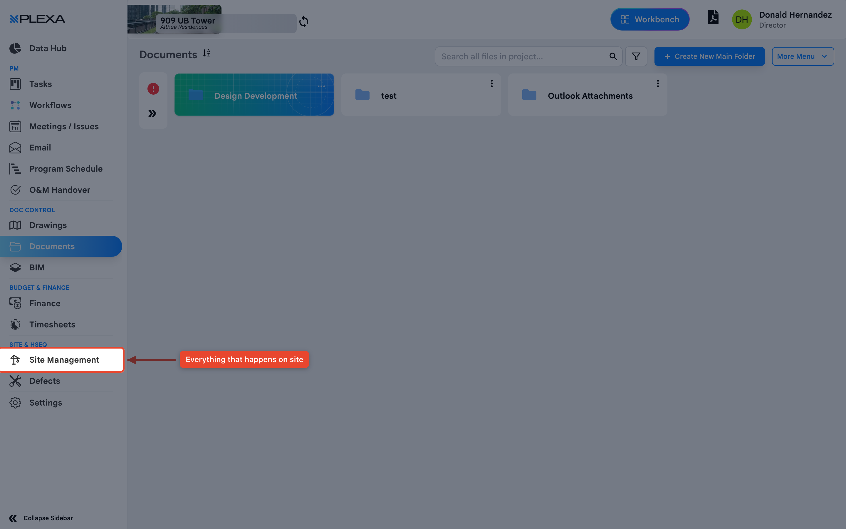 The Site Management item in the Plexa sidebar highlighted, with the rest of the page dimmed and an arrow pointing to it