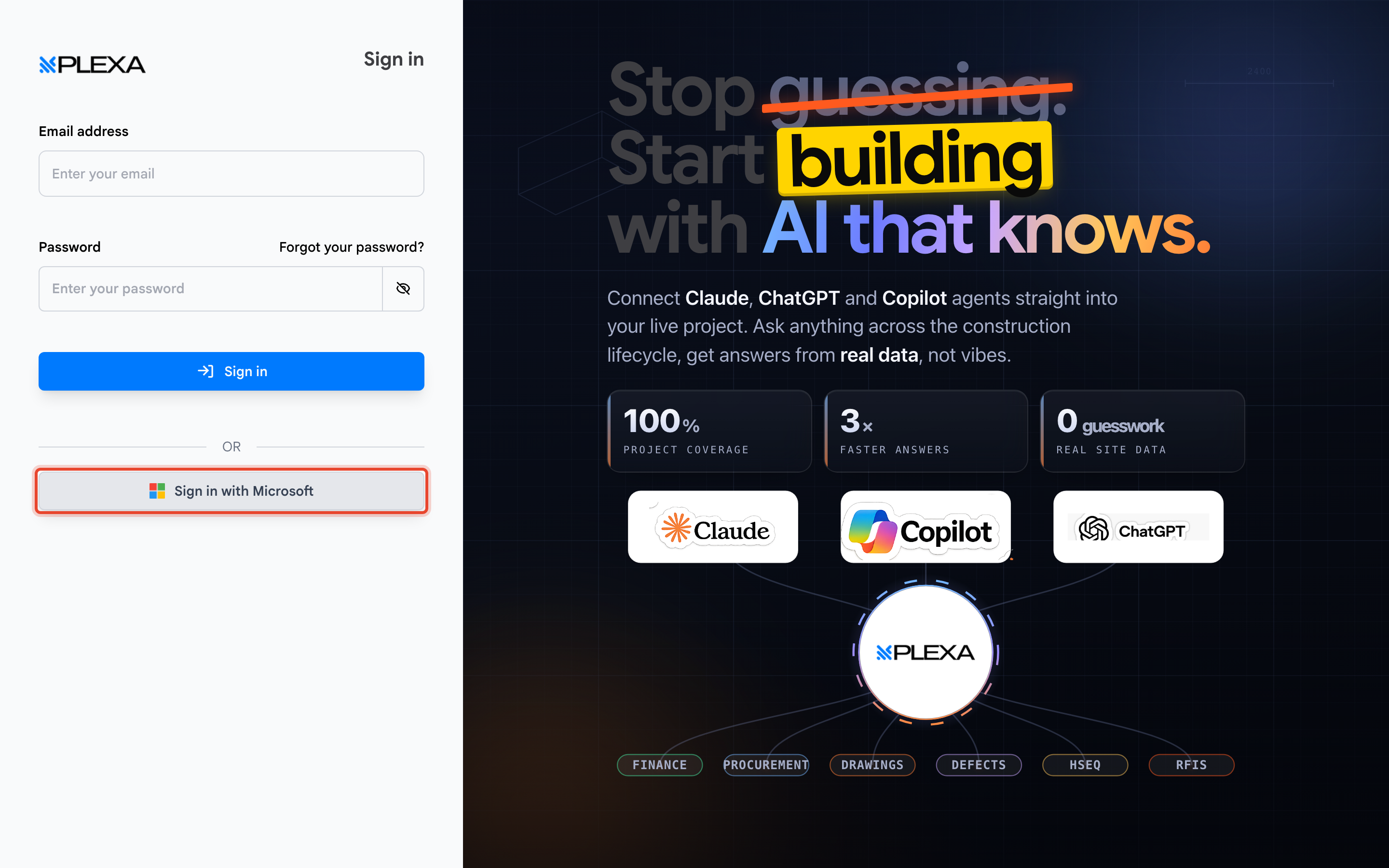 The Sign in with Microsoft button highlighted below the OR divider on the Plexa sign-in page