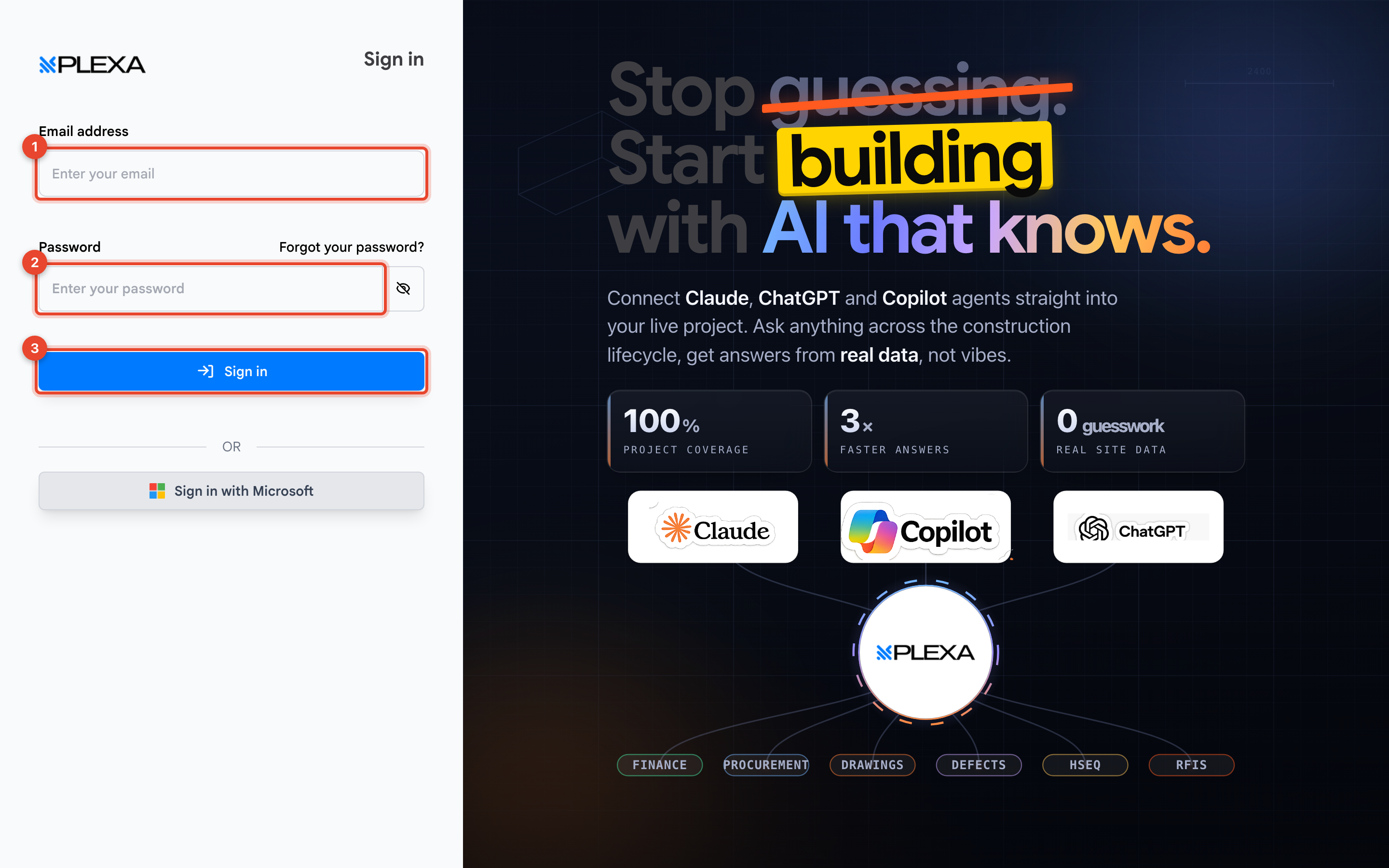 The Plexa sign-in page with the email field marked 1, the password field marked 2 and the Sign in button marked 3