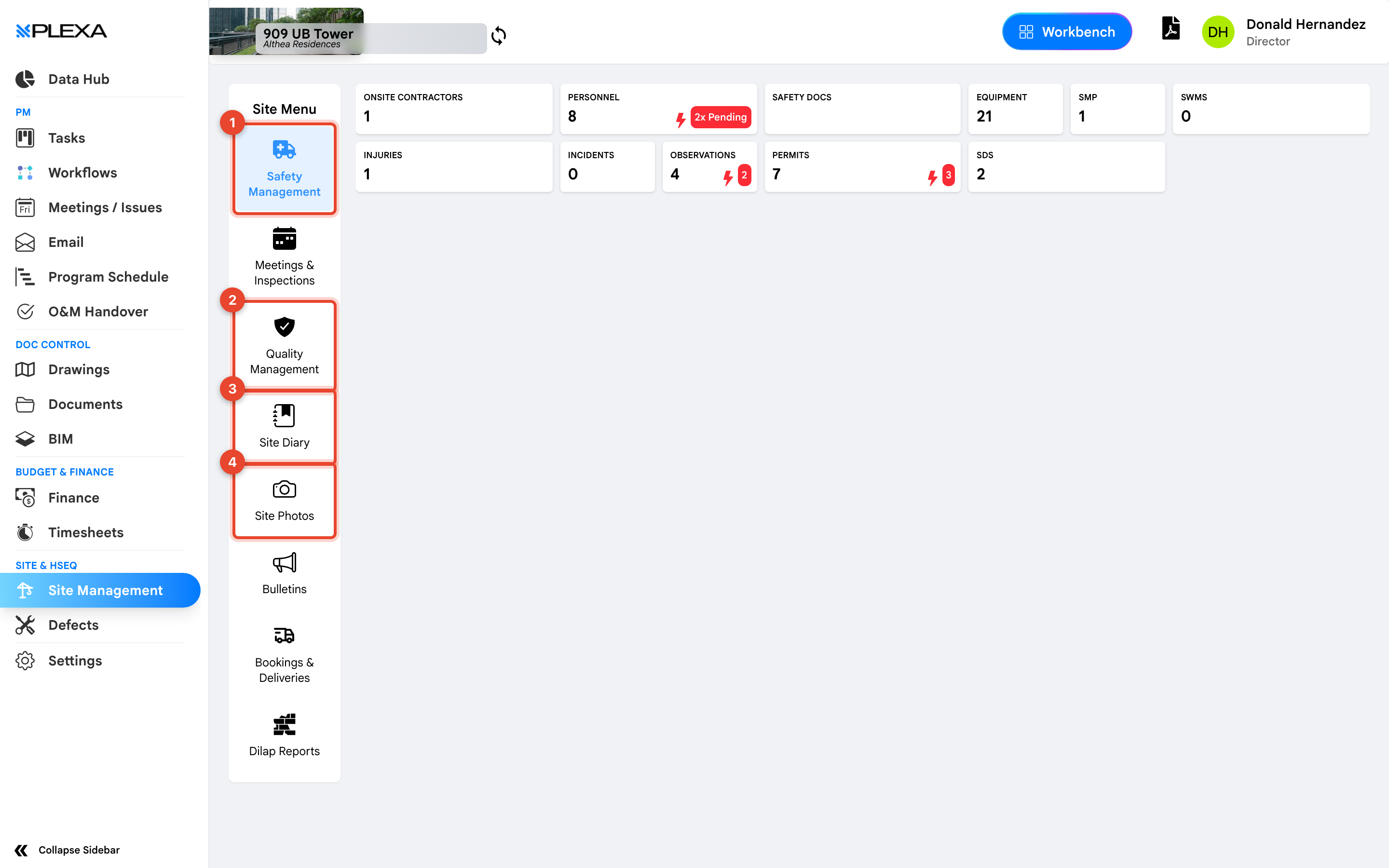 The Site Menu with Safety Management marked 1, Quality Management marked 2, Site Diary marked 3 and Site Photos marked 4