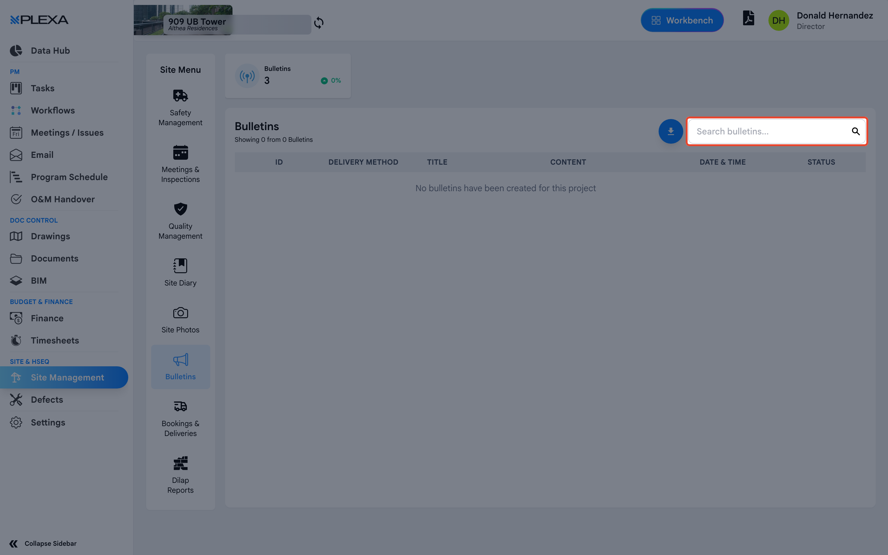 The bulletins register with the search field highlighted