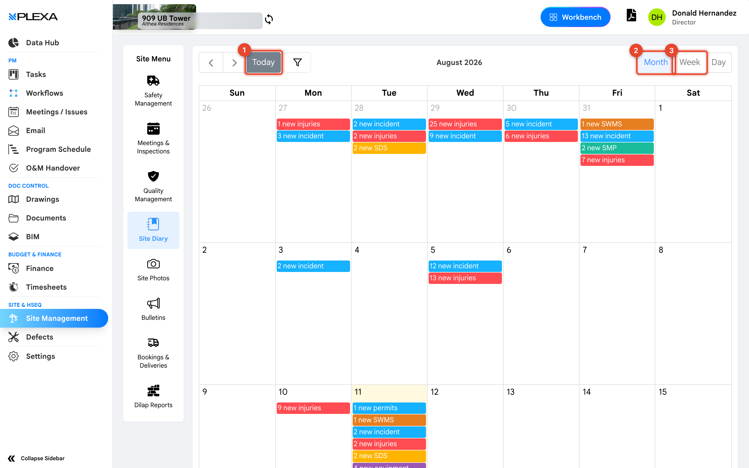 The Site Diary calendar with the Today button marked 1, Month marked 2 and Week marked 3