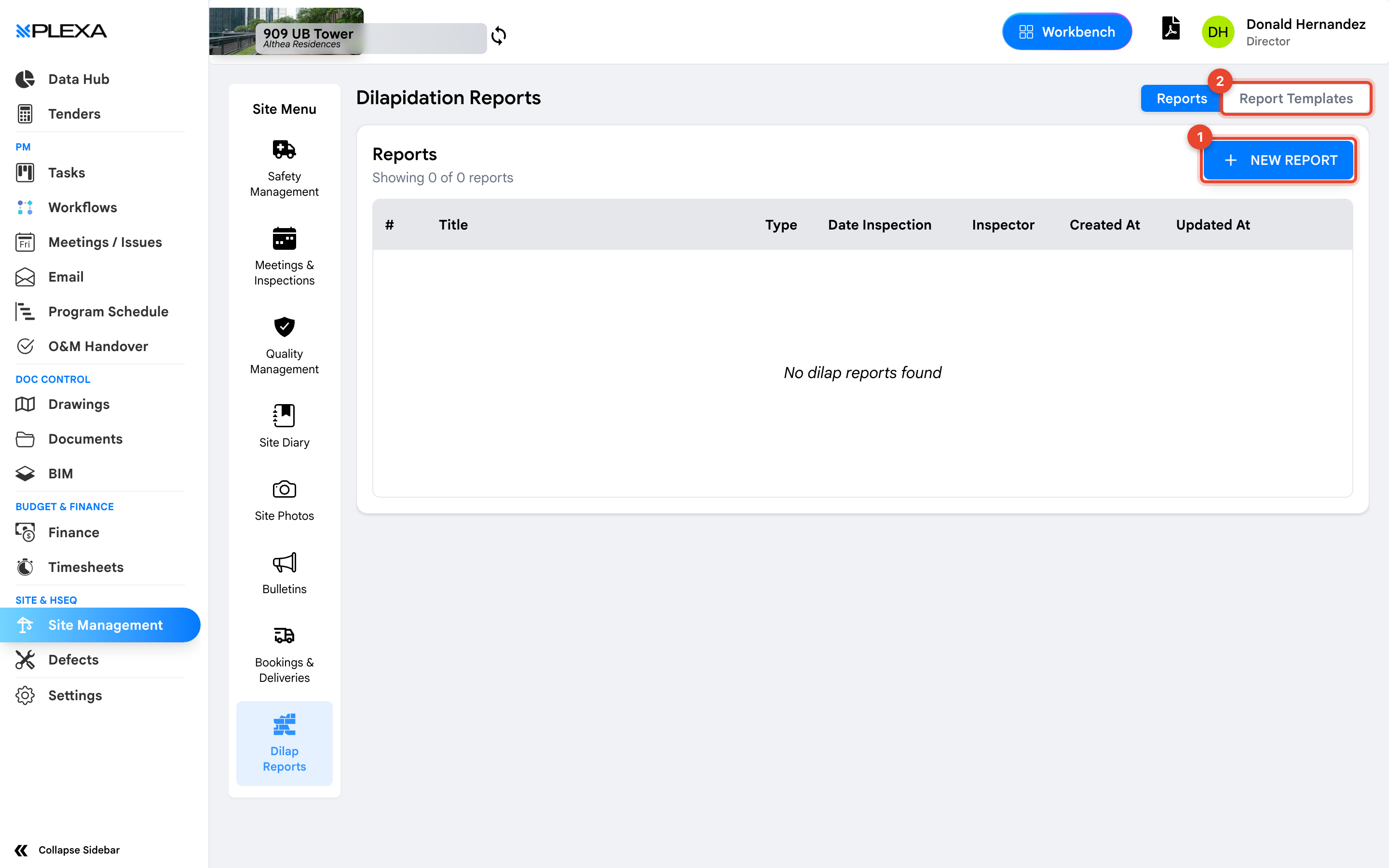 Dilap Reports with the New Report button marked 1 and Report Templates marked 2