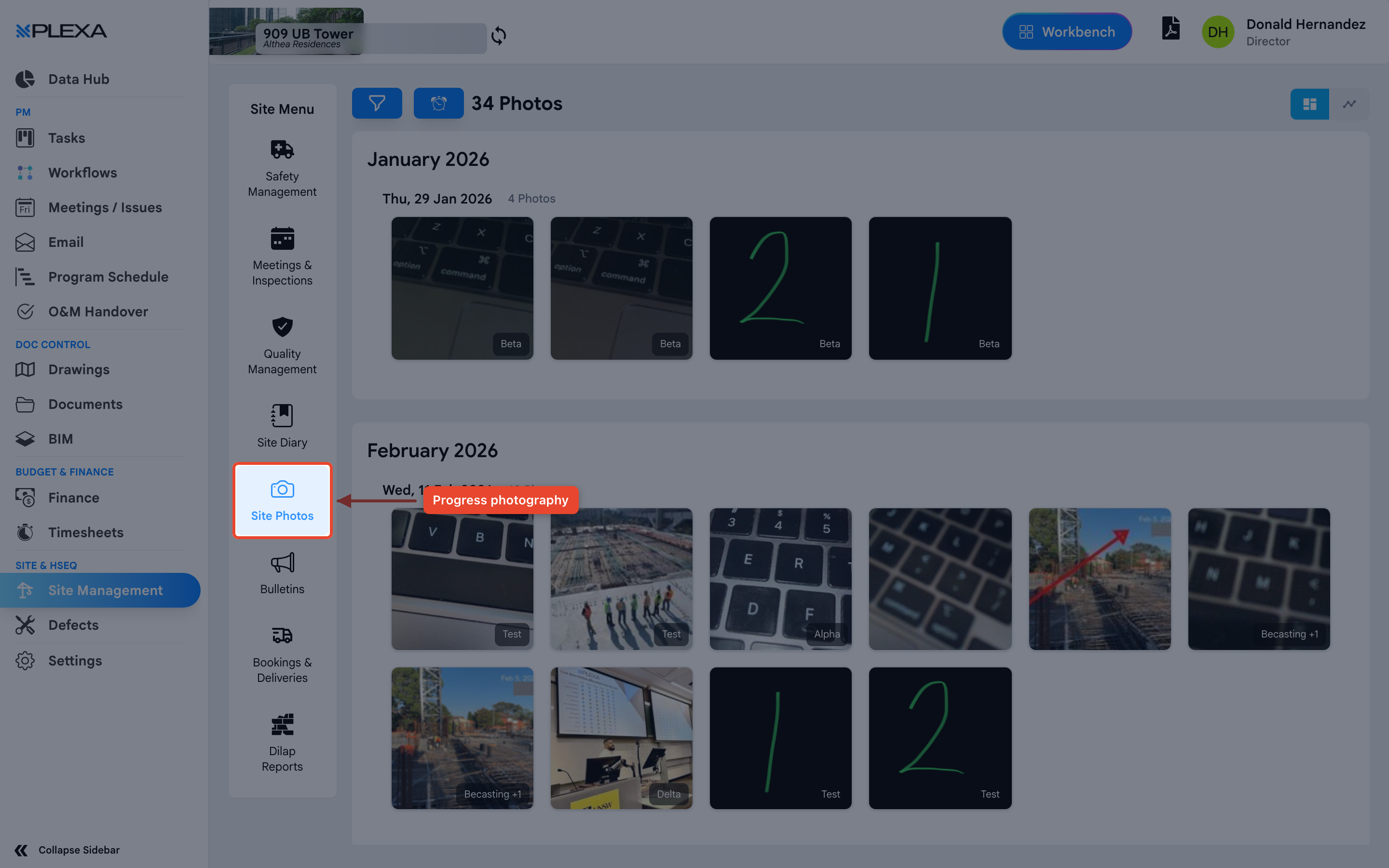 Site Photos highlighted in the Site Menu with an arrow pointing to it