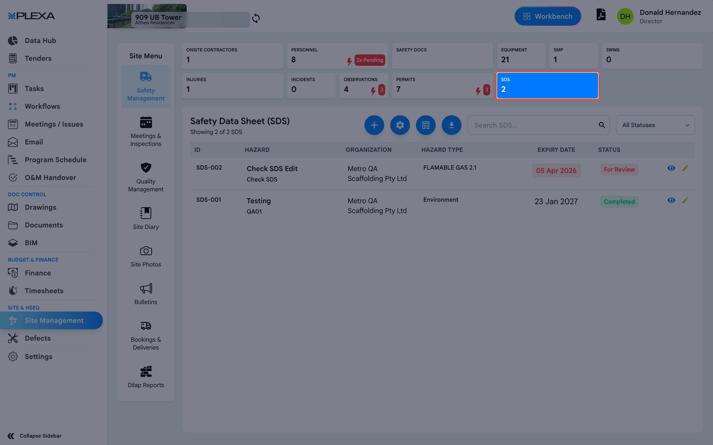 The SDS tile highlighted in Safety Management above the Safety Data Sheet register