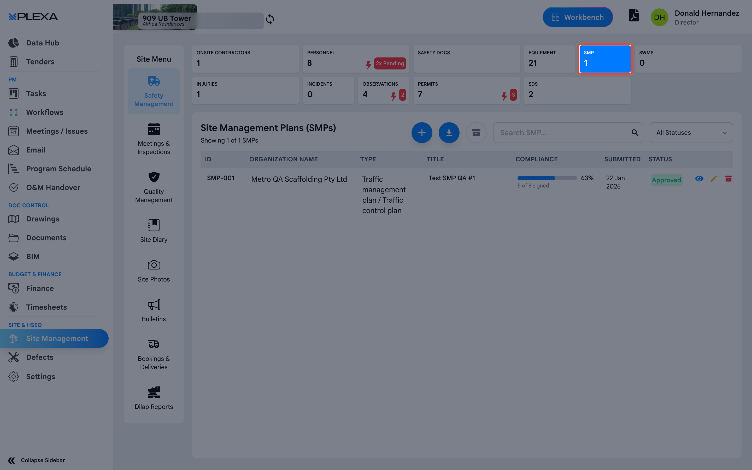 The SMP tile highlighted in Safety Management above the Safety Management Plan register
