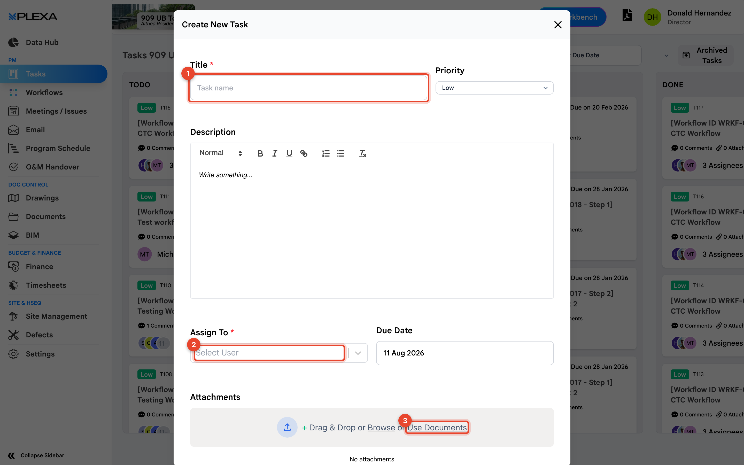 The Create New Task window with the Title field marked 1, Assign To marked 2 and Use Documents marked 3