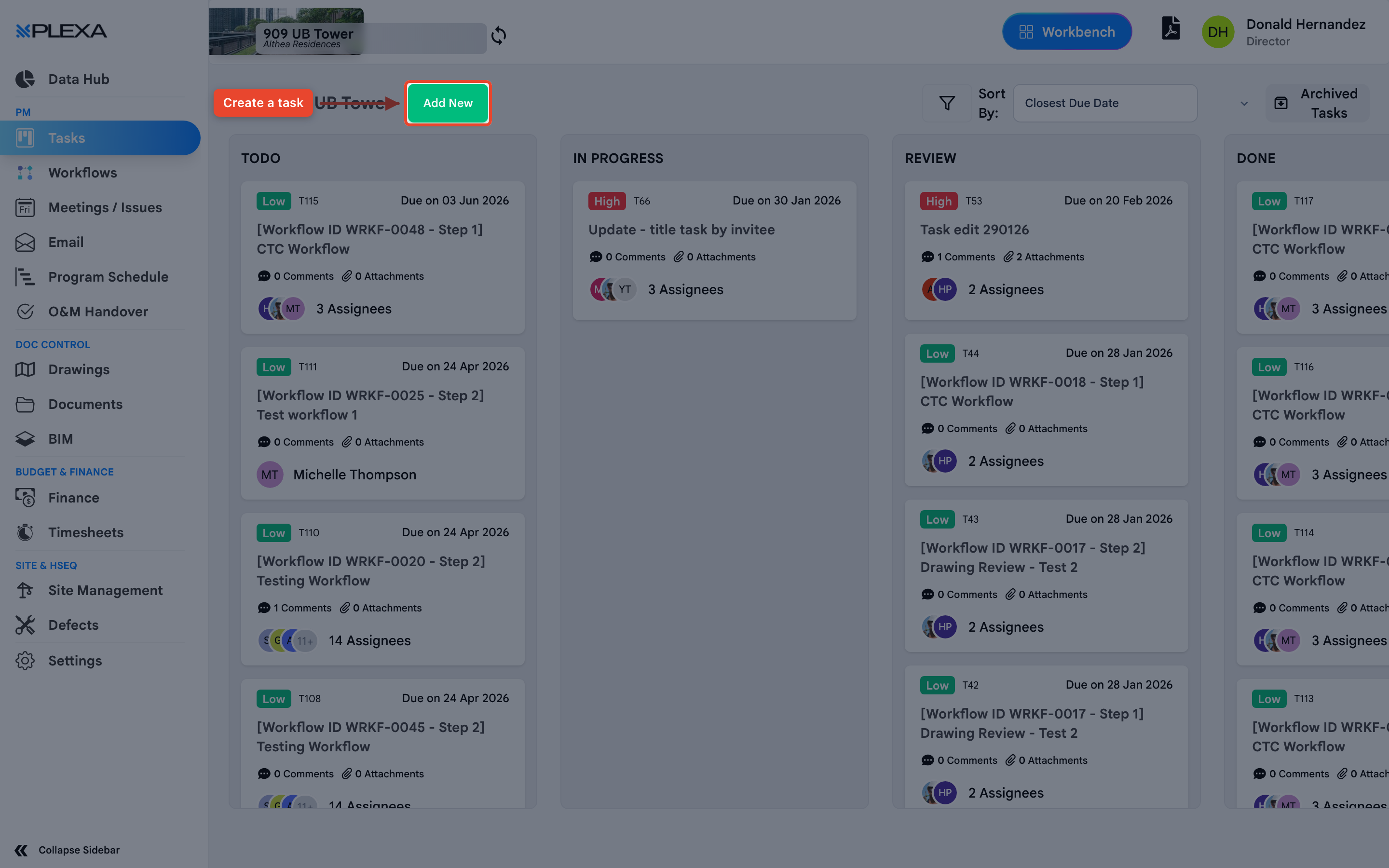 The Add New button highlighted on the Tasks board with an arrow pointing to it