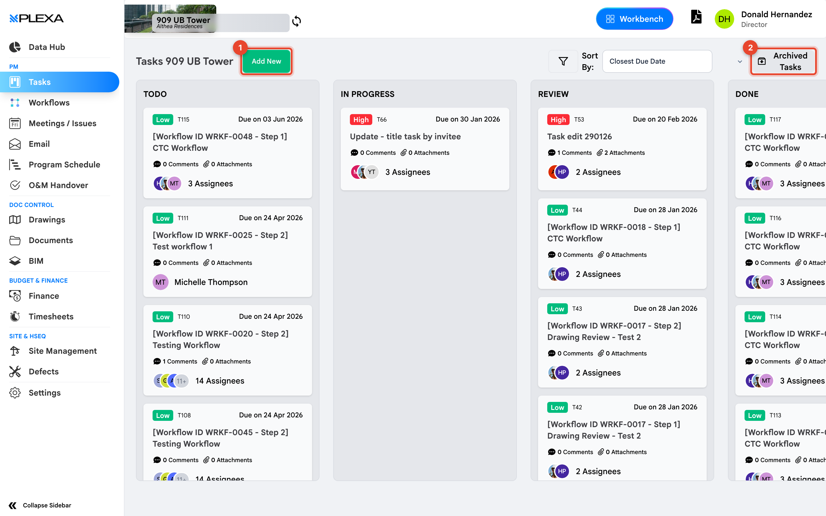 The Tasks board with the Add New button marked 1 and Archived Tasks marked 2