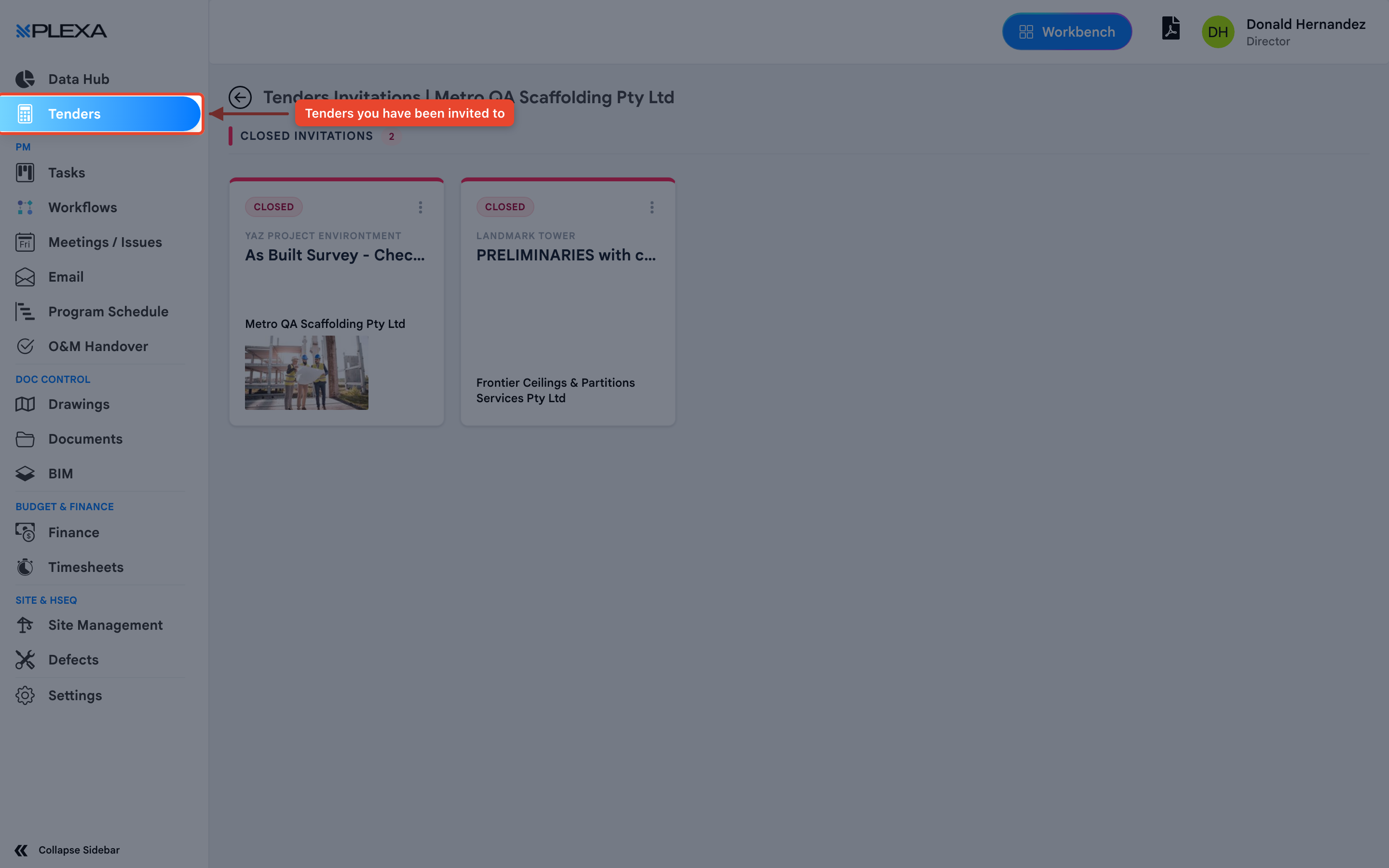 The Tenders item highlighted in the Plexa sidebar with an arrow pointing to it, above the tender invitations list