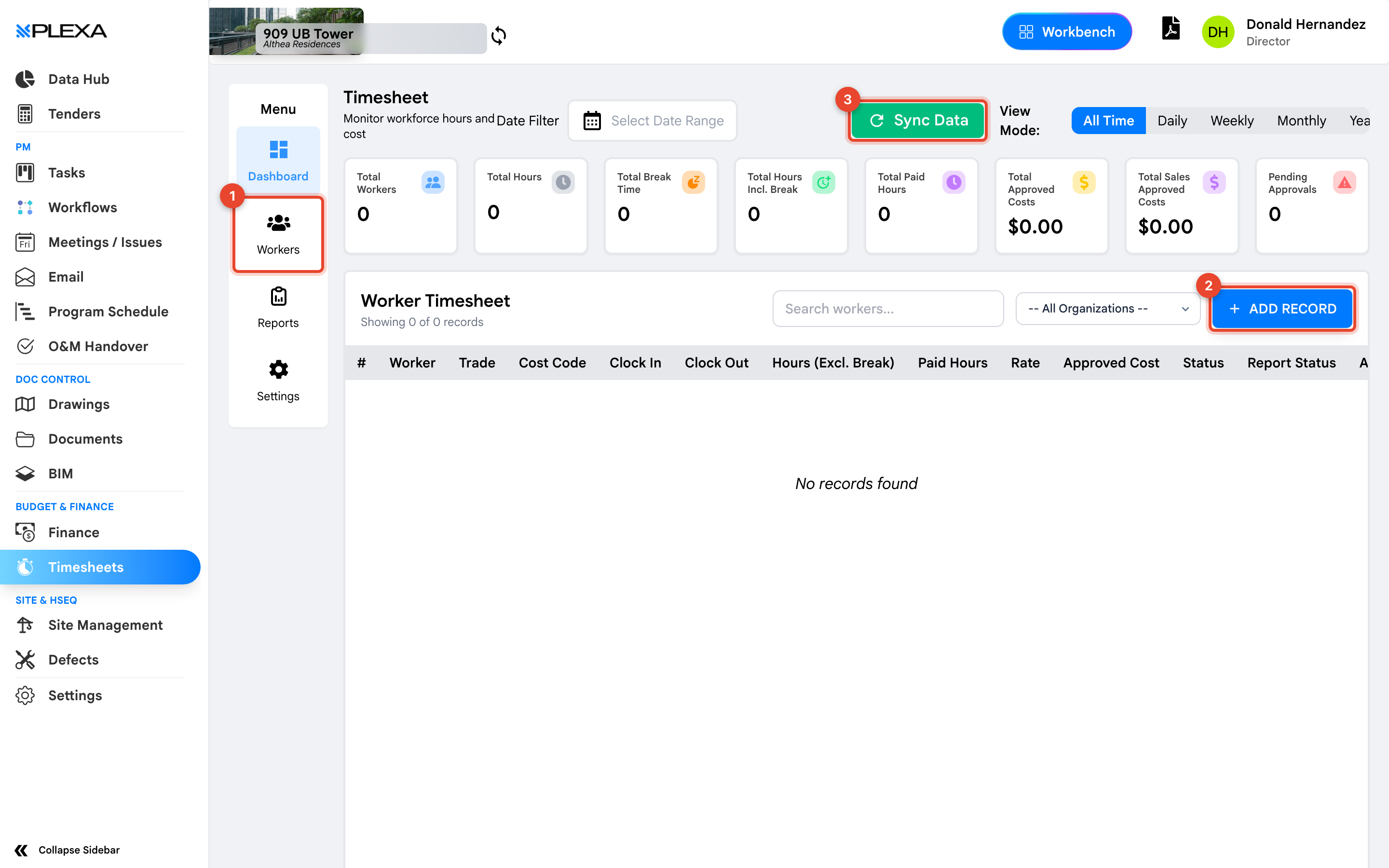 The Timesheets module with the Workers menu marked 1, Add Record marked 2 and Sync Data marked 3