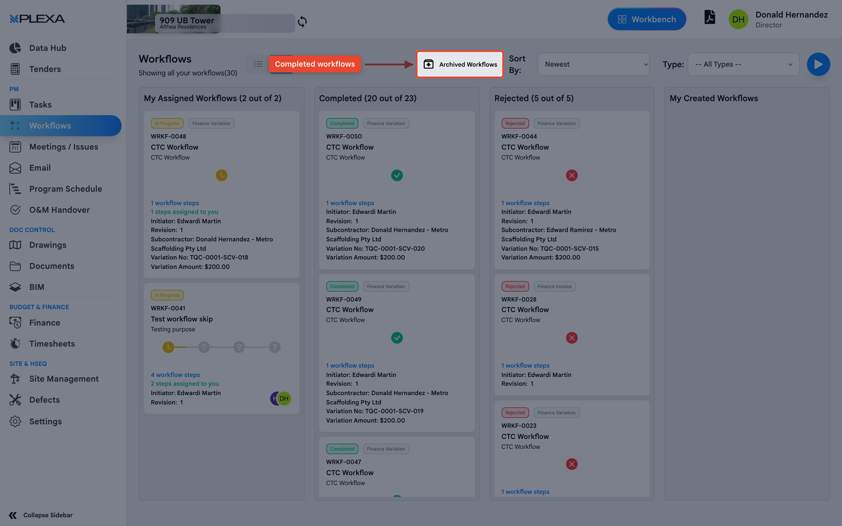 The Workflows module with the Archived Workflows button highlighted and an arrow pointing to it